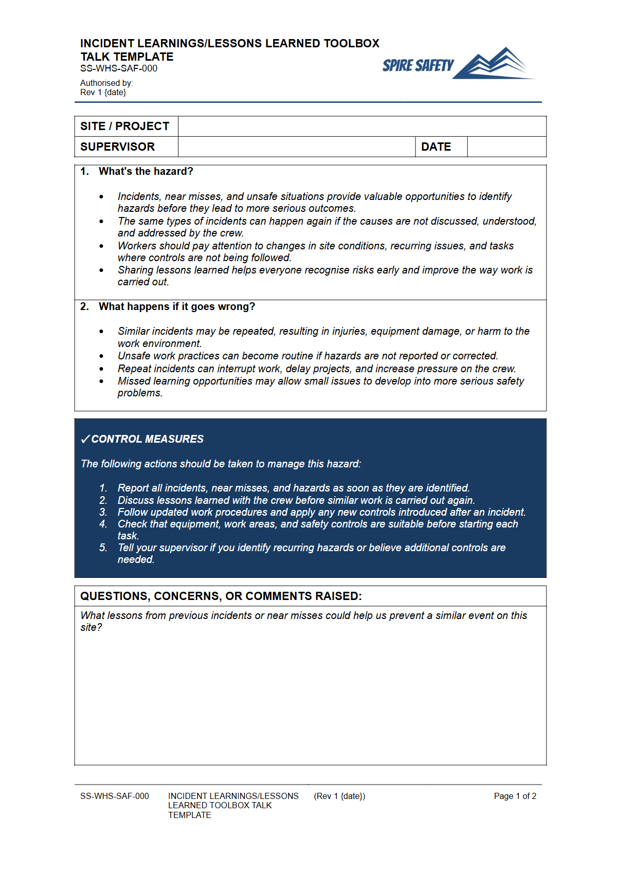Preview of Incident Lessons Learned Toolbox Talk Template