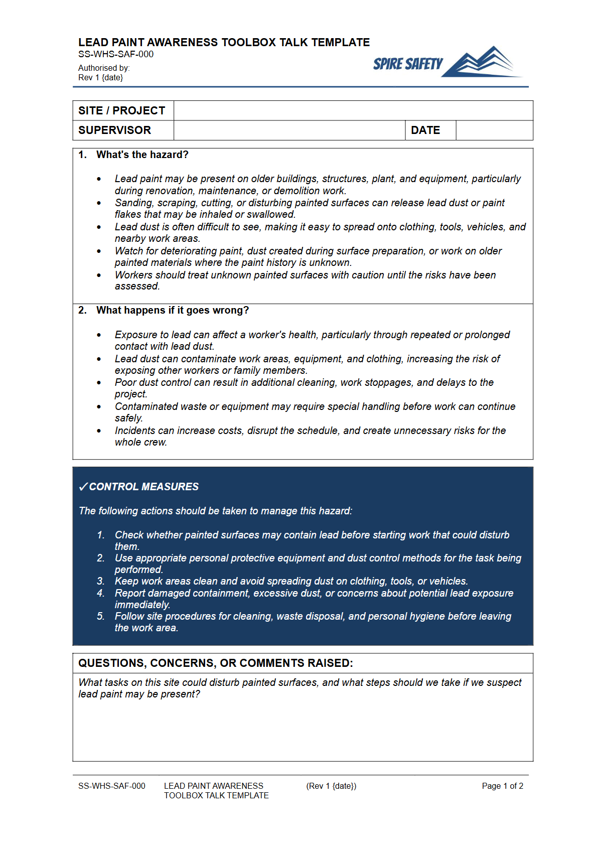 Preview of Lead Paint Awareness Toolbox Talk Template