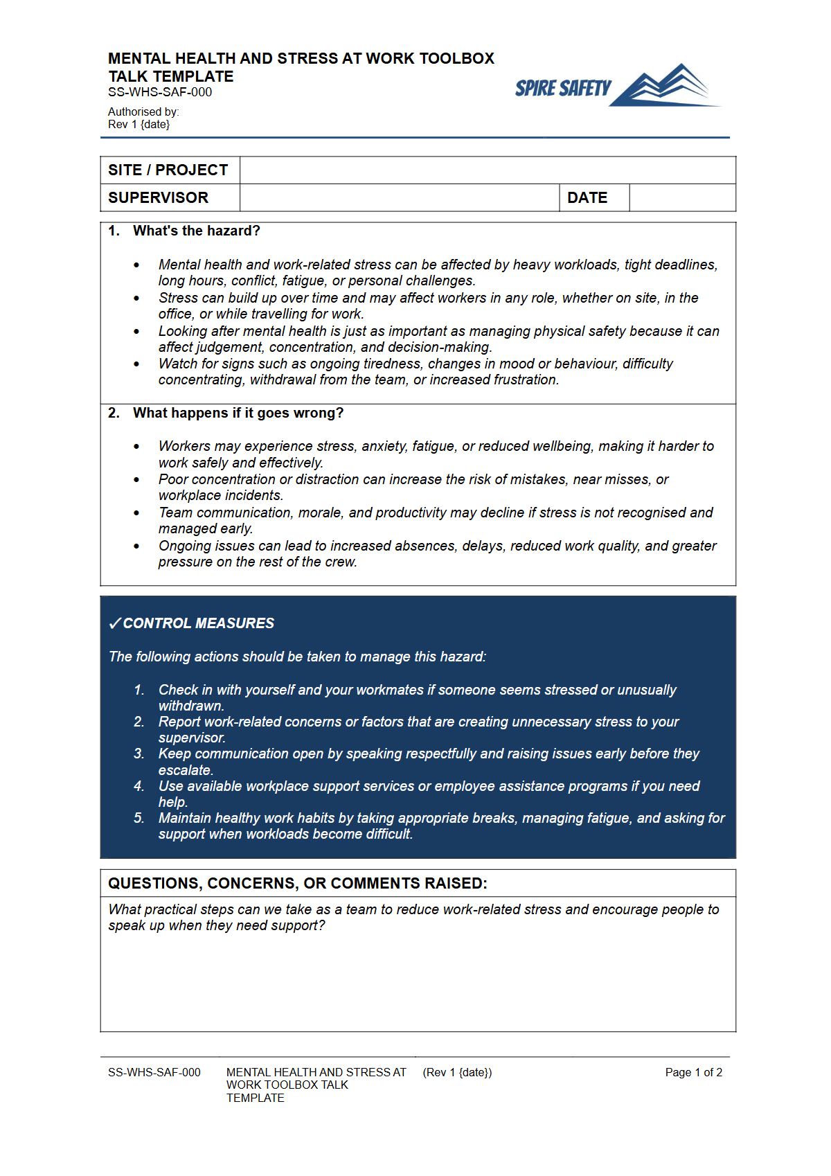 Preview of Mental Health at Work Toolbox Talk Template