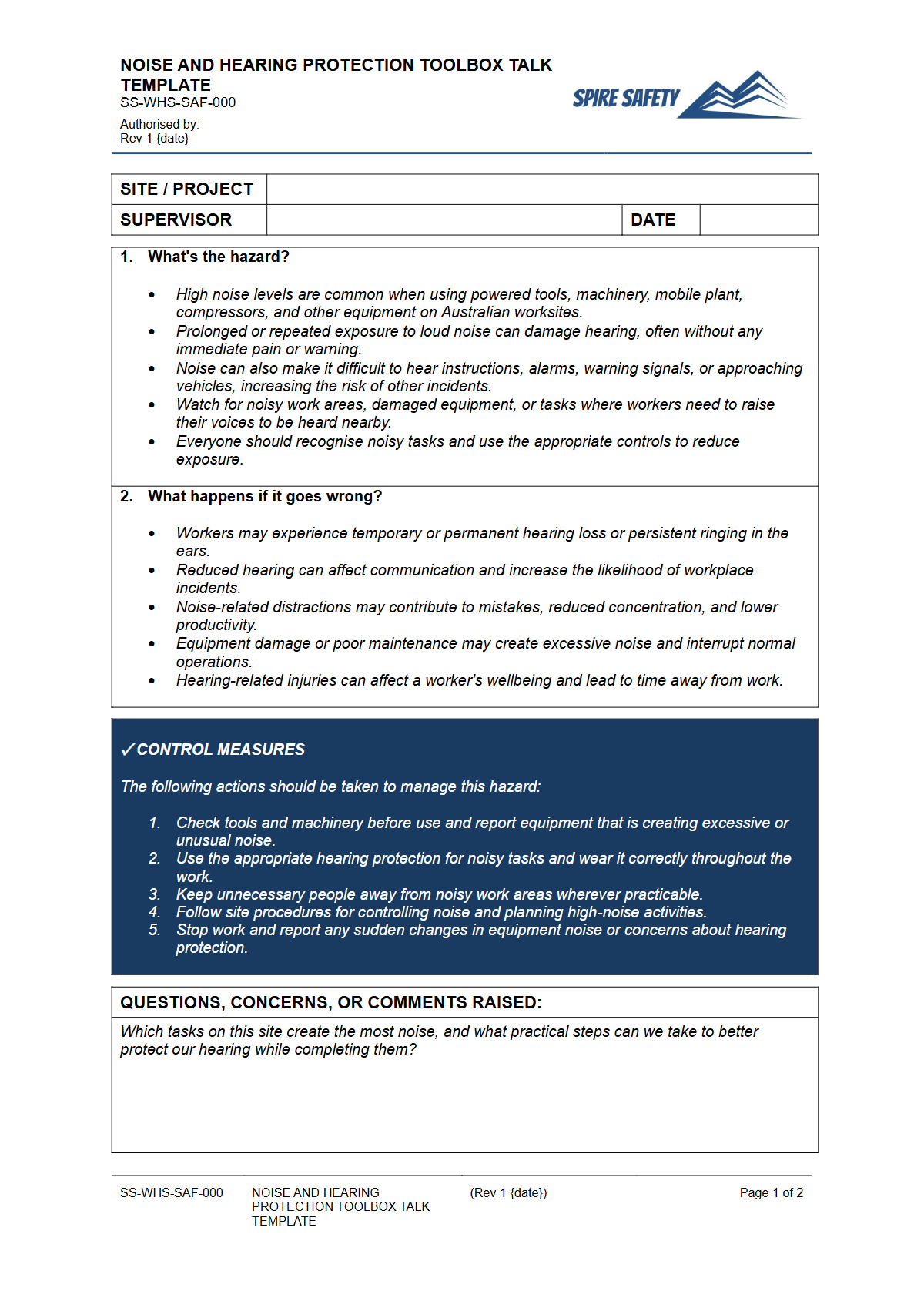 Preview of Noise and Hearing Protection Toolbox Talk Template