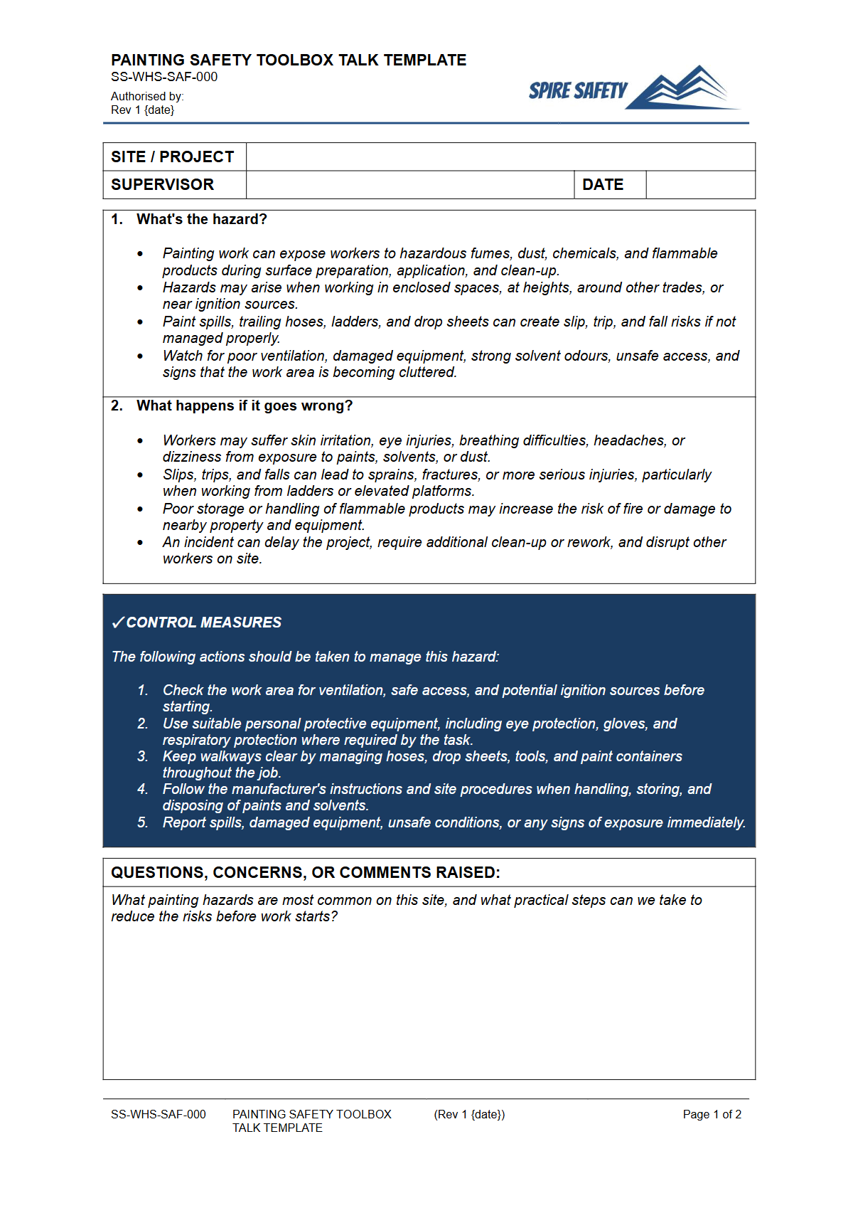Preview of Painting Safety Toolbox Talk Template