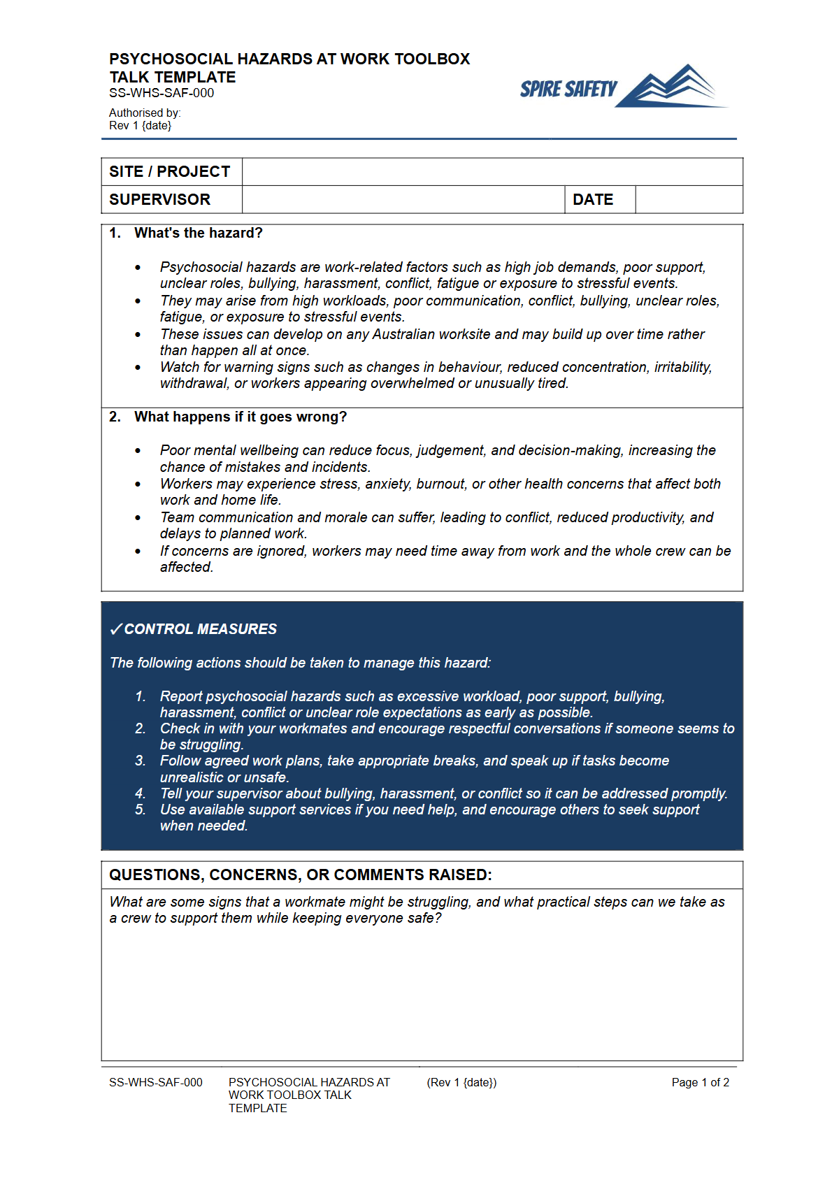 Preview of Psychosocial Hazards at Work Toolbox Talk Template