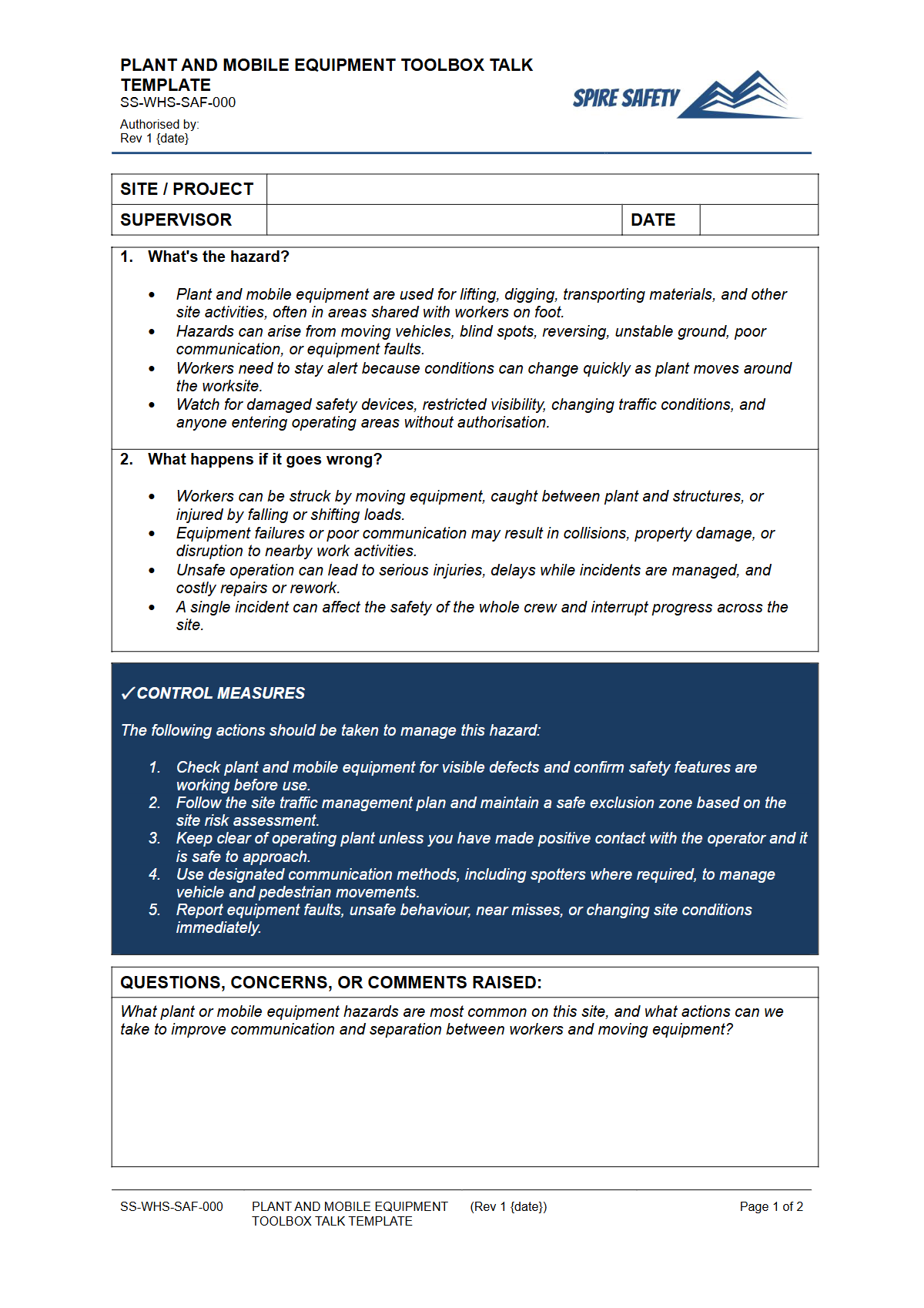 Preview of Plant and Mobile Equipment Toolbox Talk Template