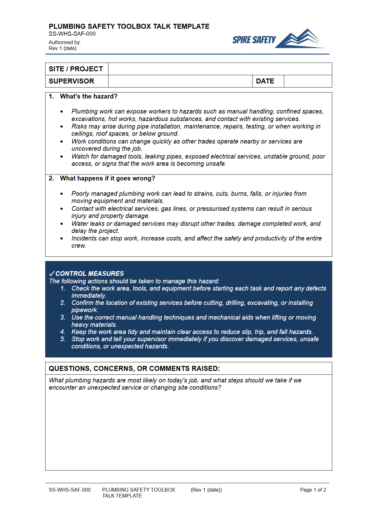 Preview of Plumbing Safety Toolbox Talk Template