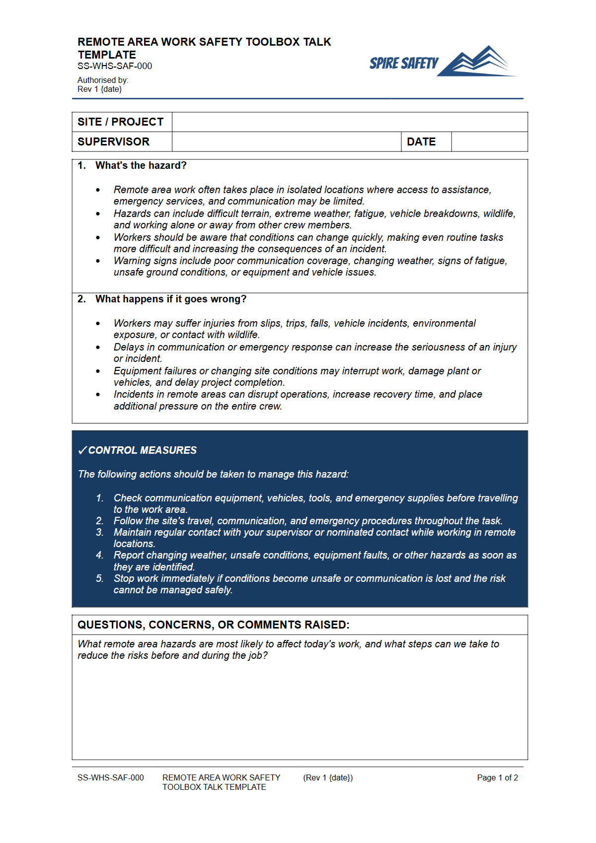 Preview of Remote Area Work Safety Toolbox Talk Template