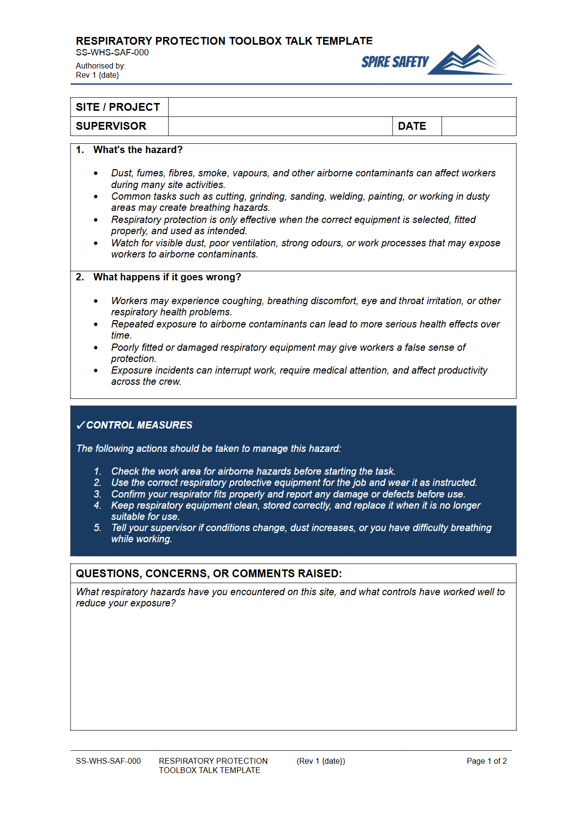 Preview of Respiratory Protection Toolbox Talk Template