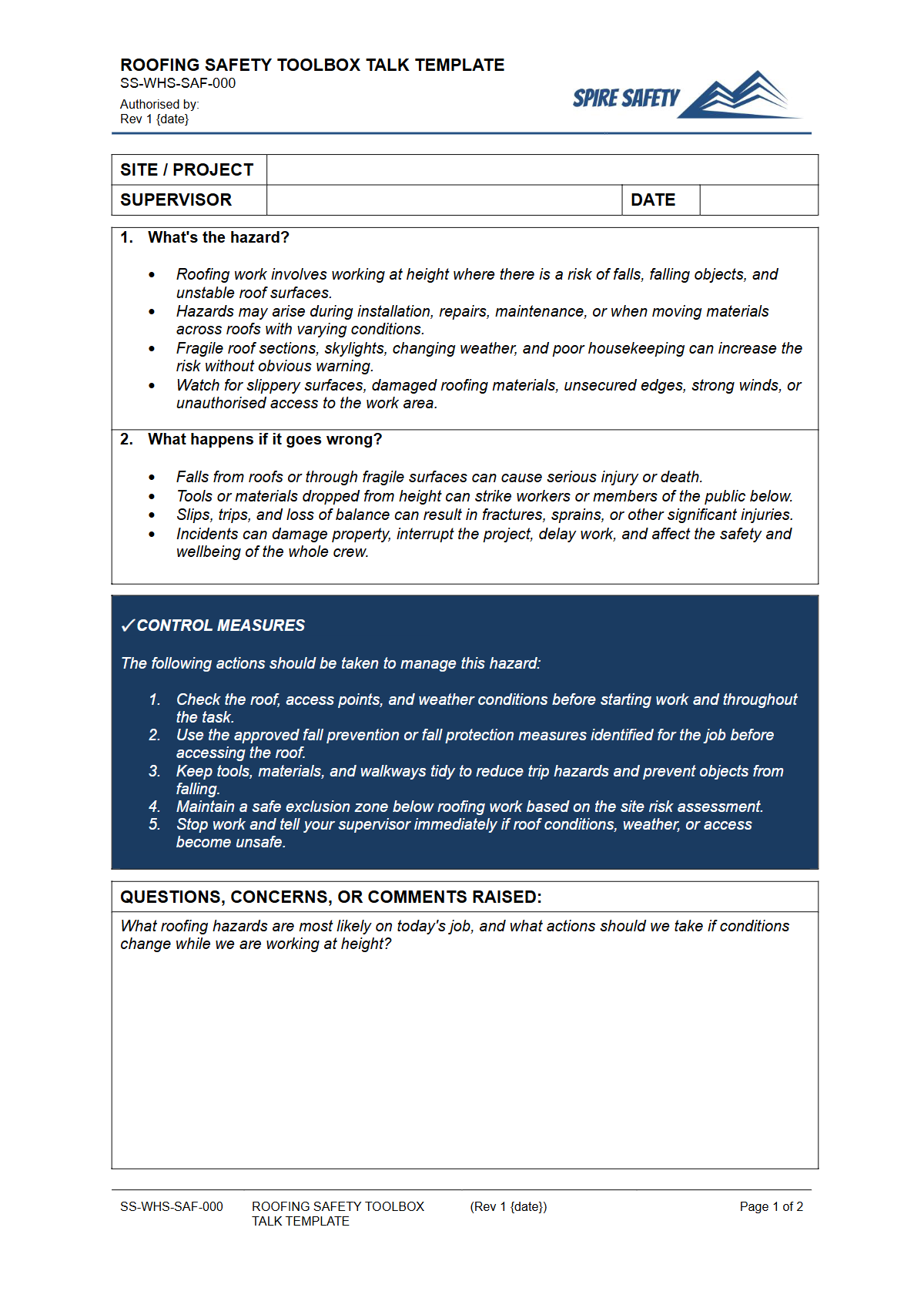 Preview of Roofing Safety Toolbox Talk Template