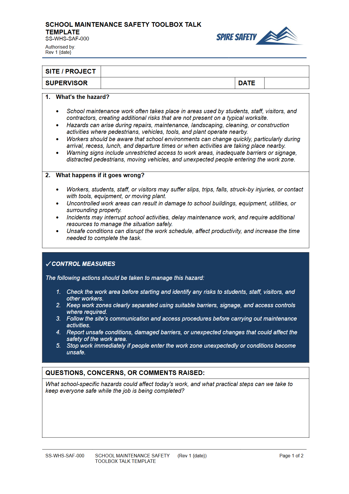 Preview of School Maintenance Safety Toolbox Talk Template