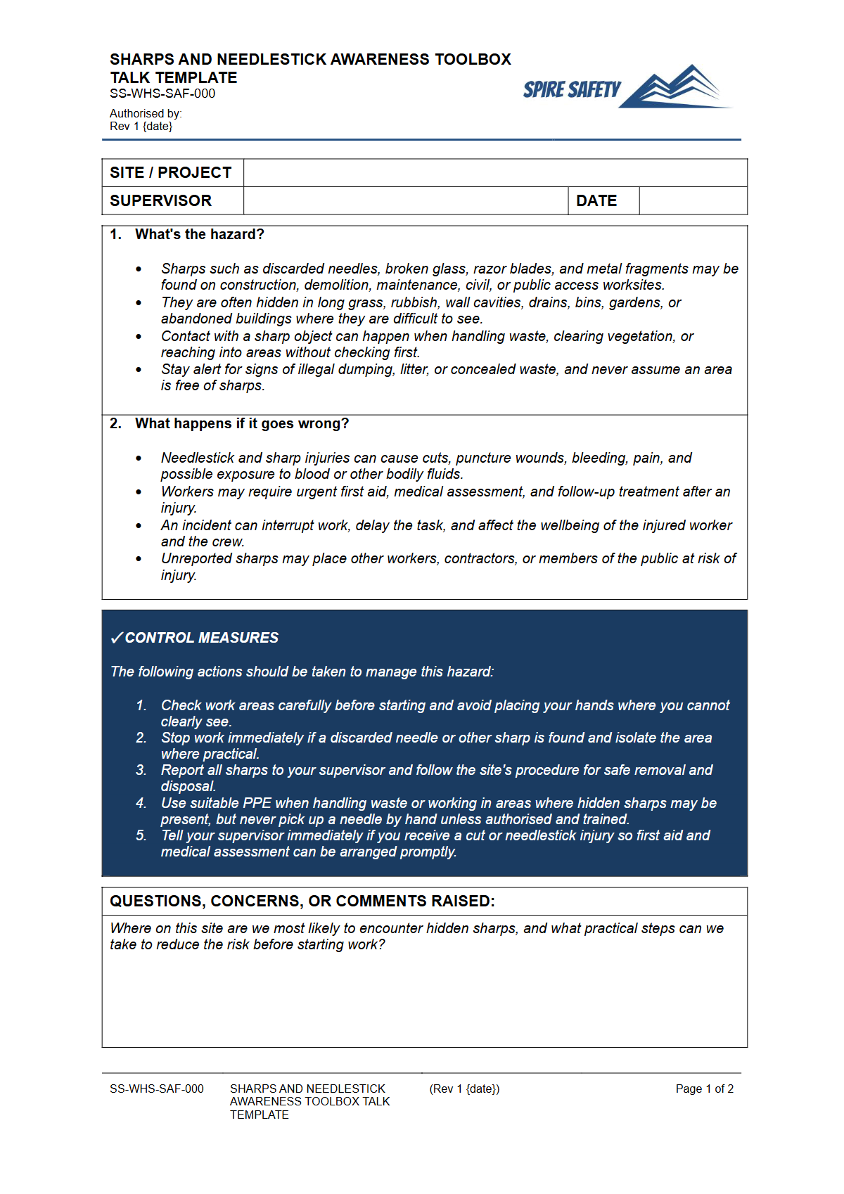 Preview of Sharps and Needlestick Awareness Toolbox Talk Template