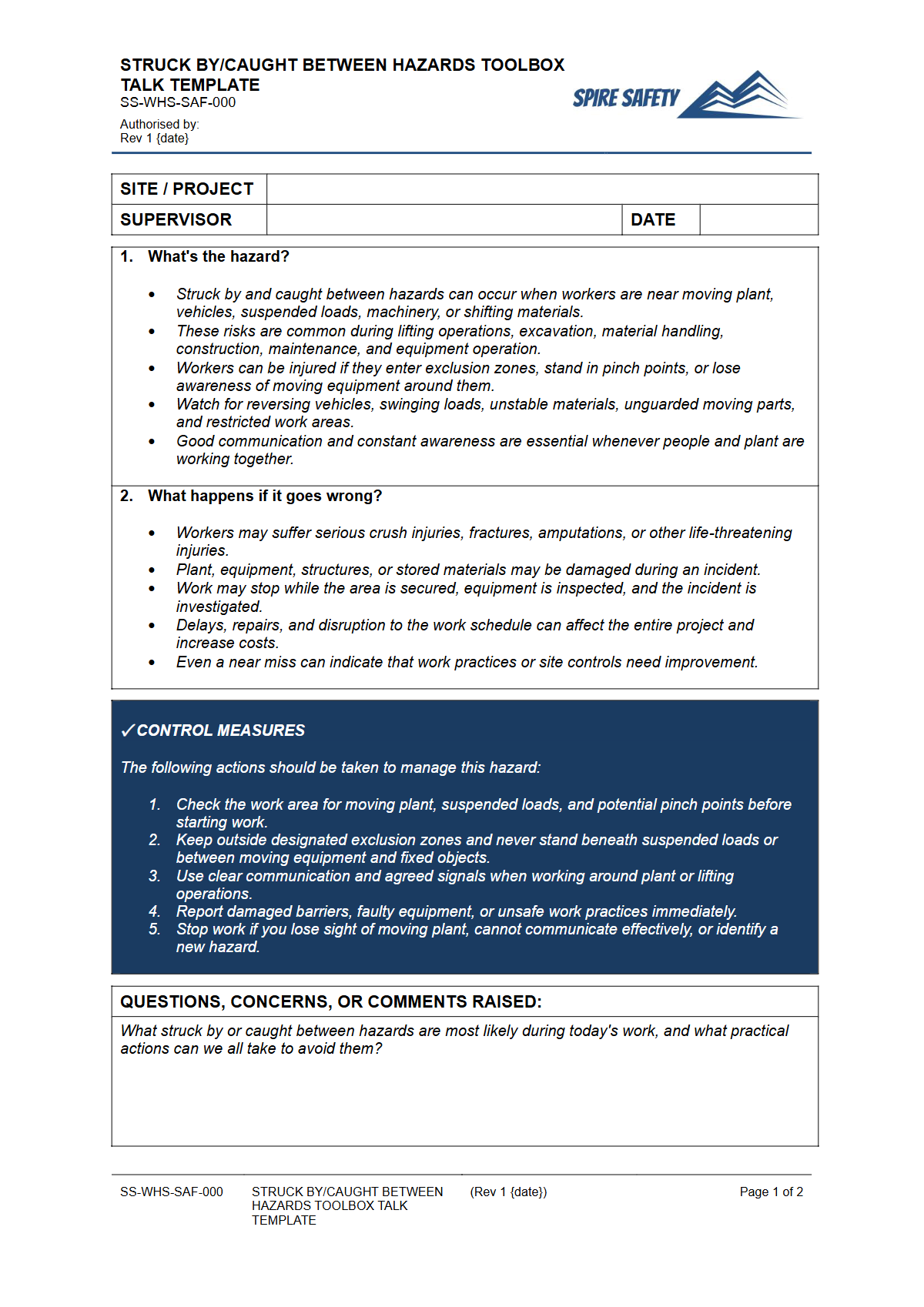 Preview of Struck By Caught Between Hazards Toolbox Talk Template
