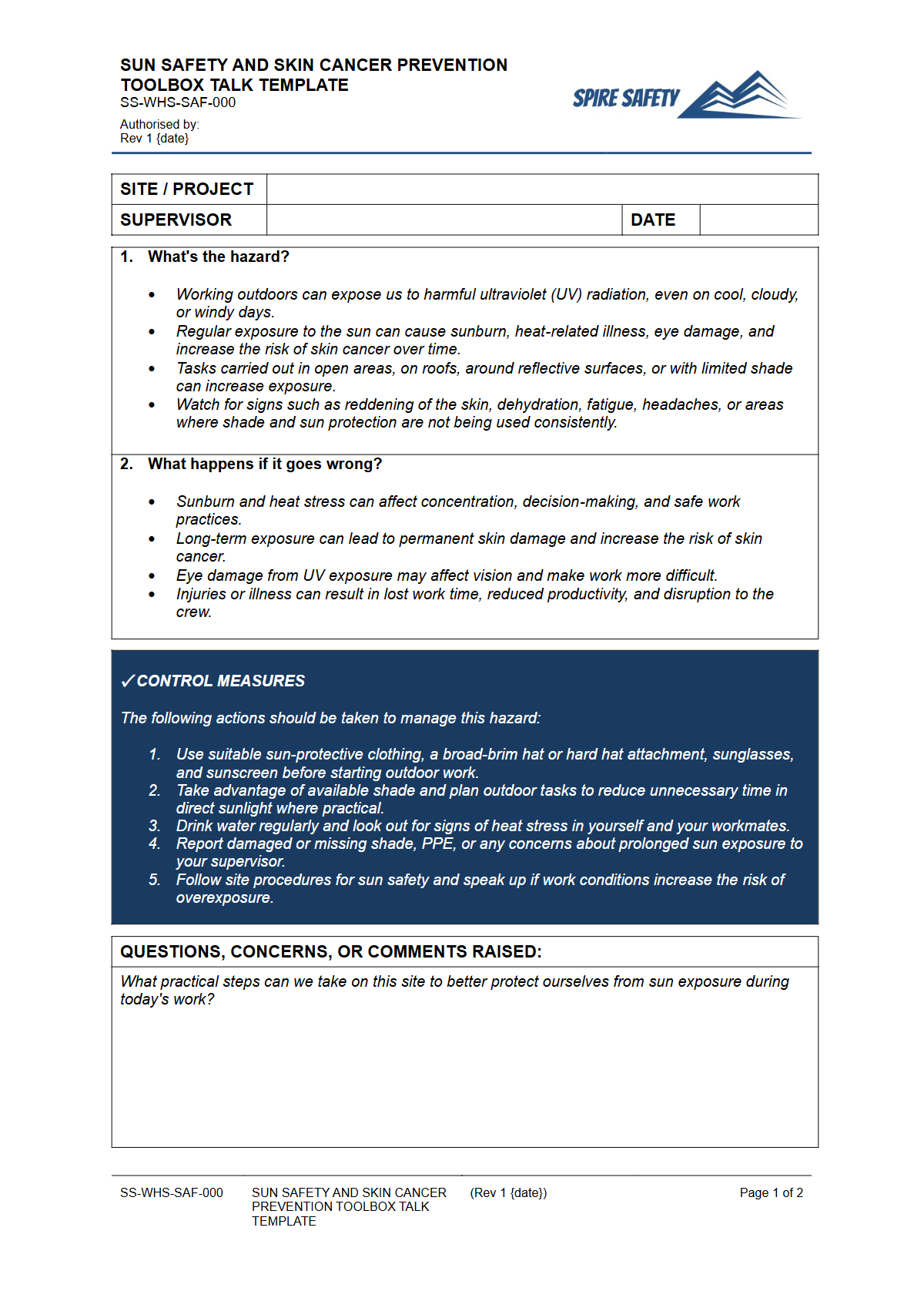 Preview of Sun Safety and Skin Cancer Prevention Toolbox Talk Template