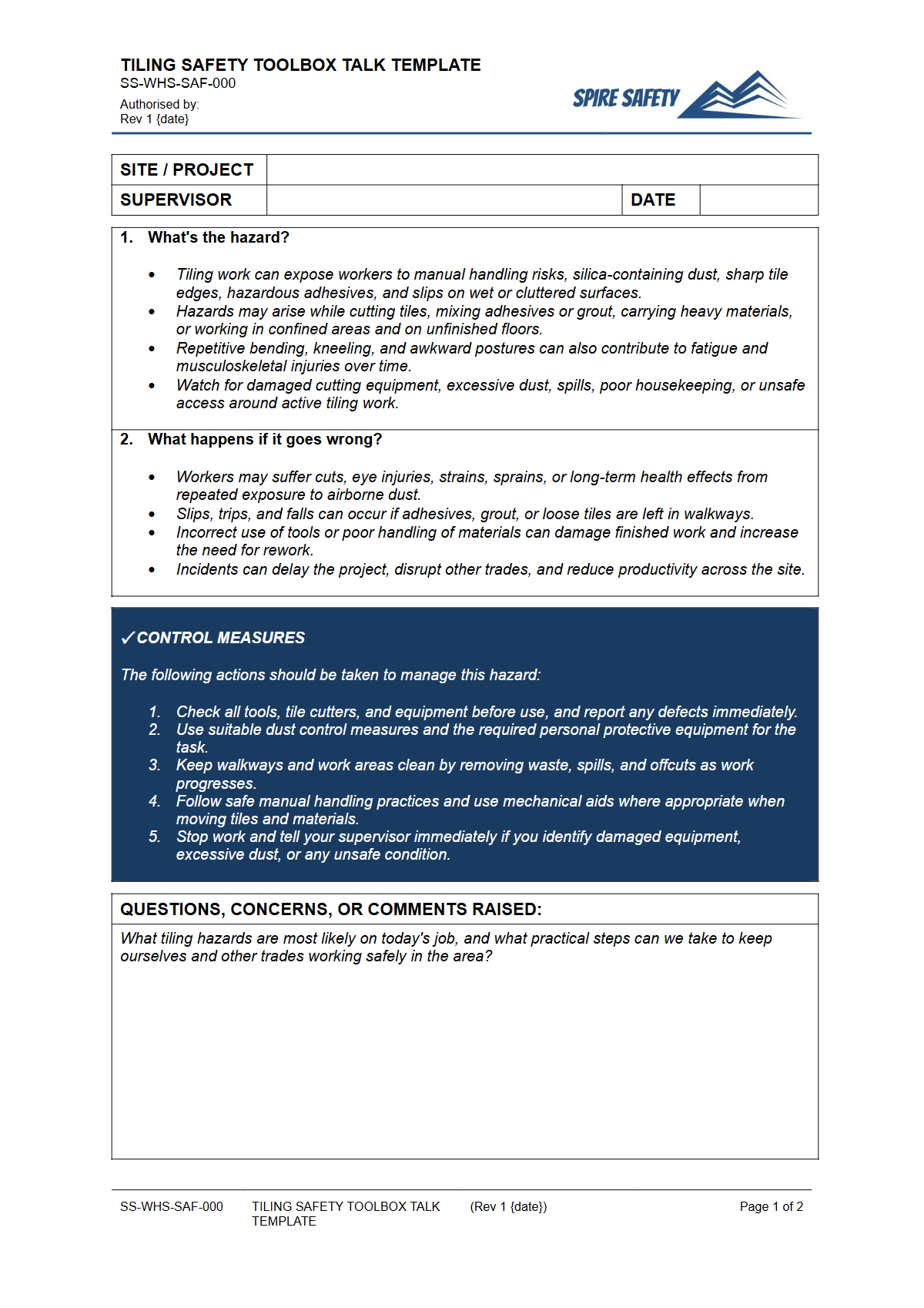 Preview of Tiling Safety Toolbox Talk Template