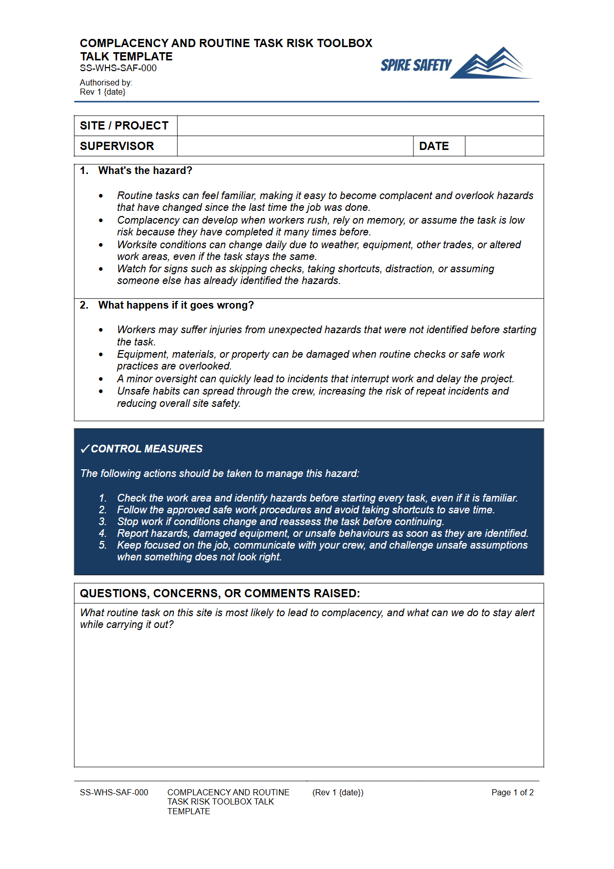 Preview of SS-WHS-SAF-000 Complacency and Routine Task Risk Toolbox Talk Template