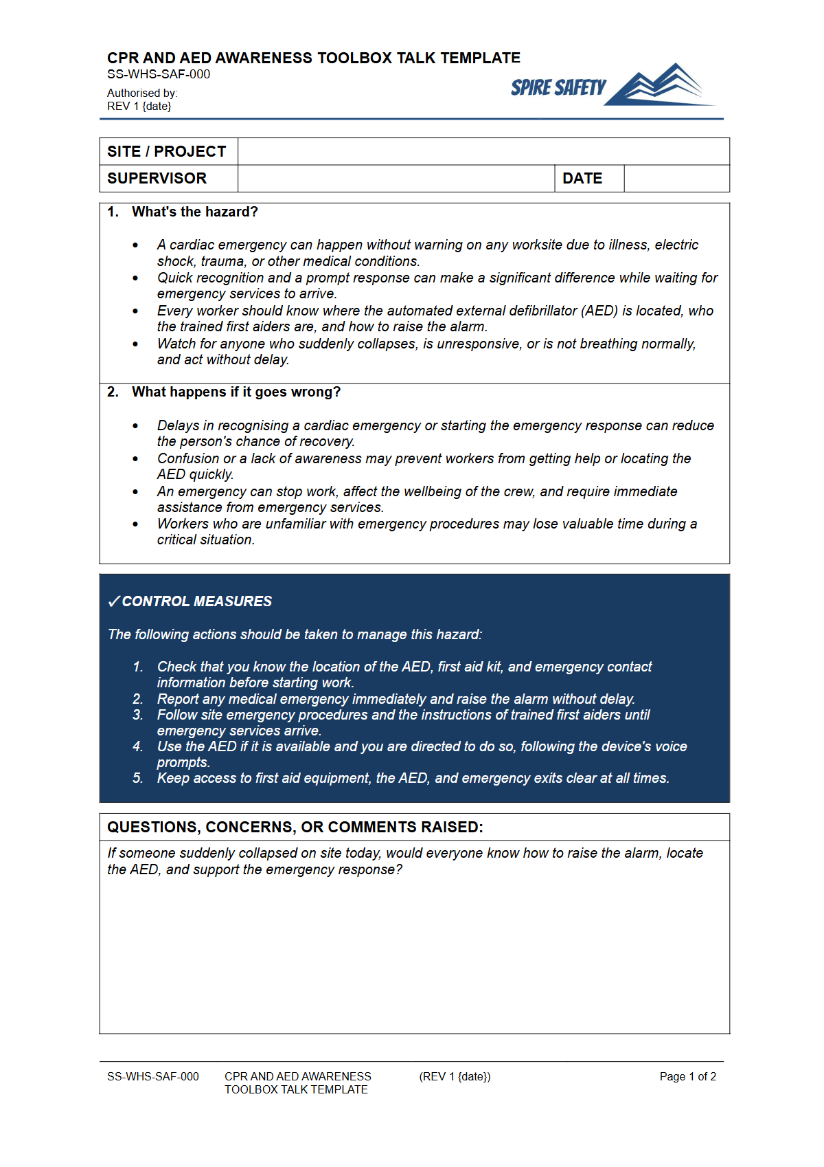 Preview of CPR and AED Awareness Toolbox Talk Template