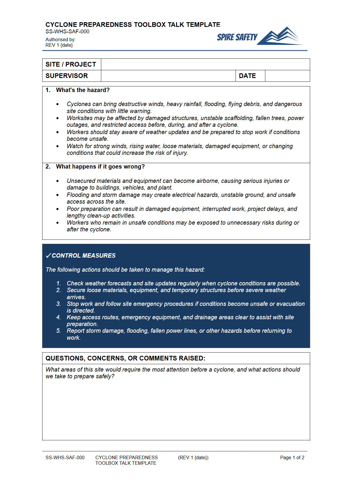 Preview of Cyclone Preparedness Toolbox Talk Template