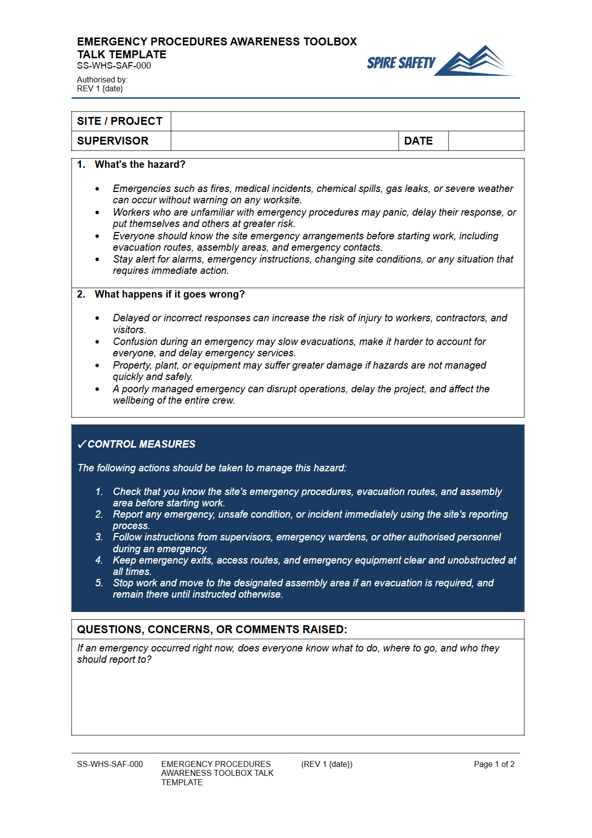 Preview of Emergency Procedures Awareness Toolbox Talk Template