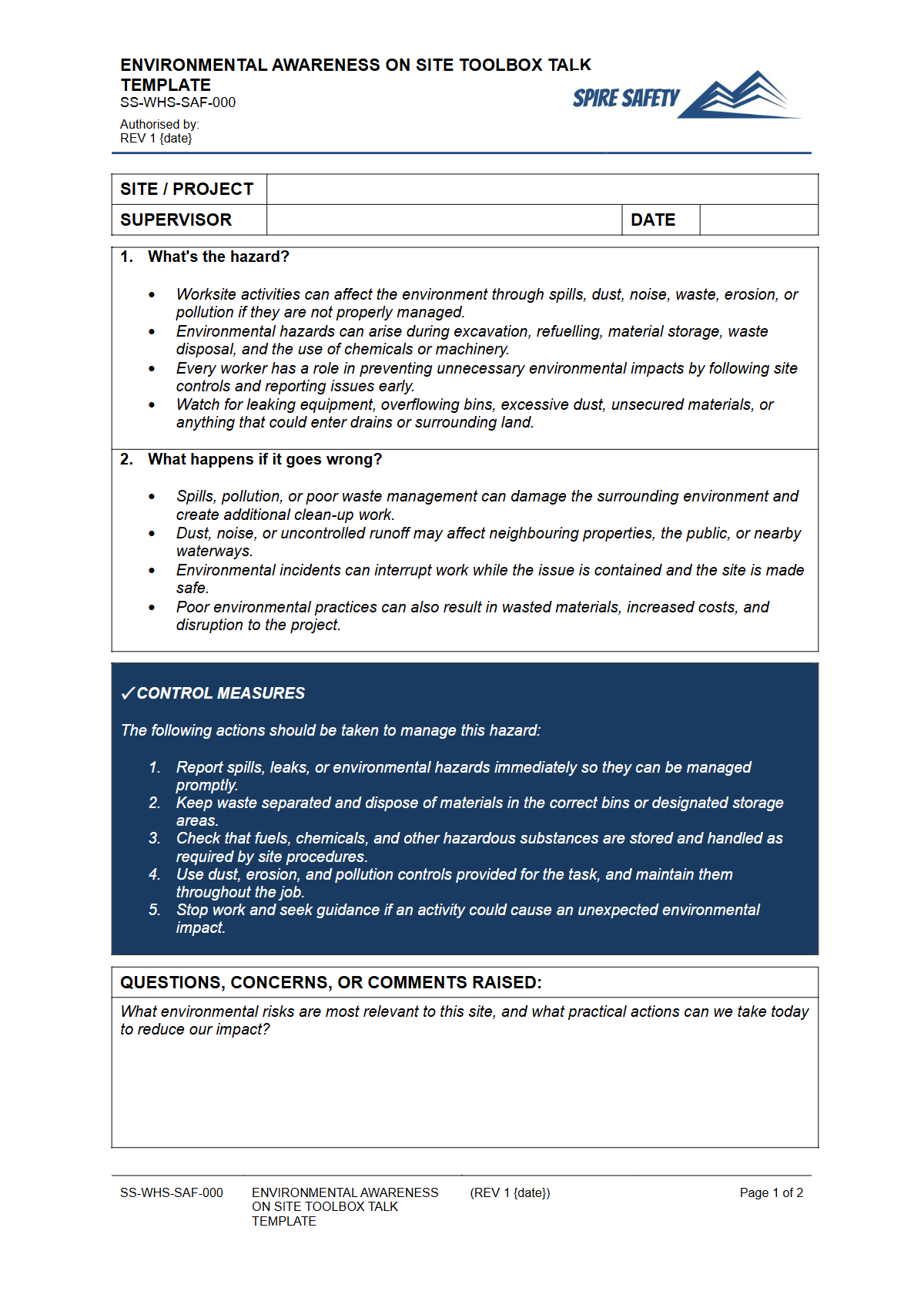 Preview of Environmental Awareness on Site Toolbox Talk Template