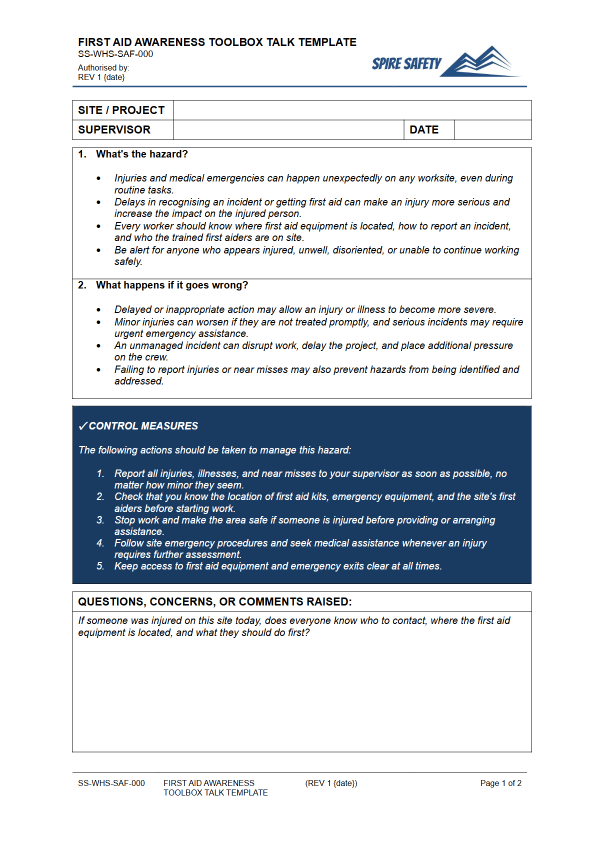Preview of First Aid Awareness Toolbox Talk Template