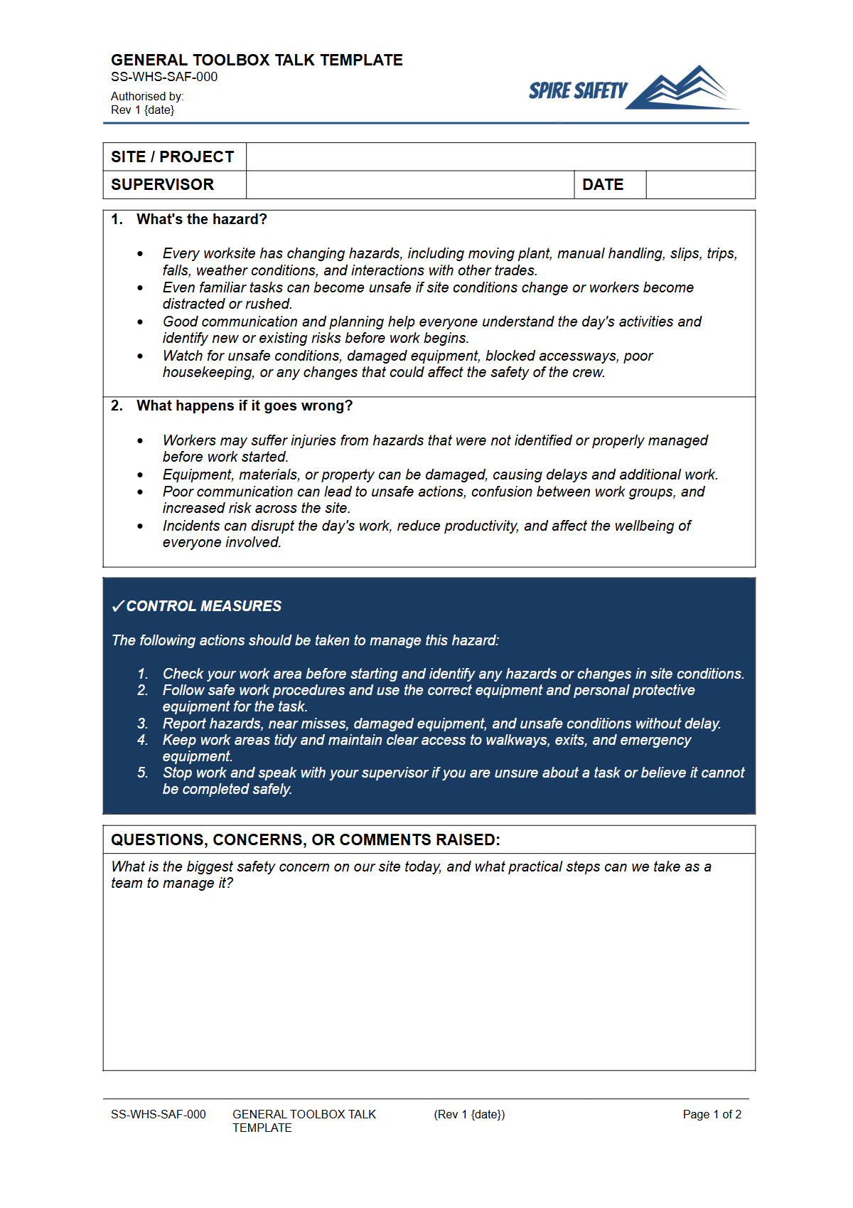 Preview of General Toolbox Talk Template Template