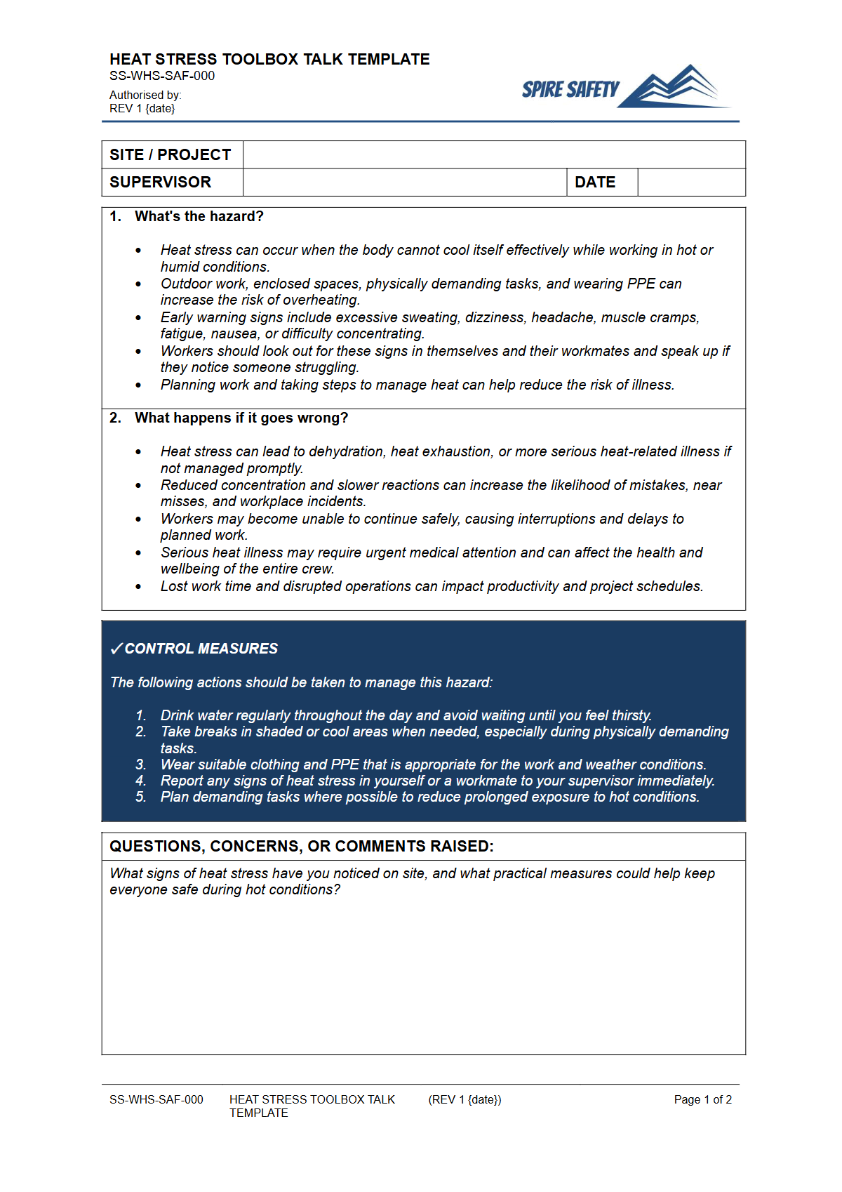 Preview of Heat Stress Toolbox Talk Template