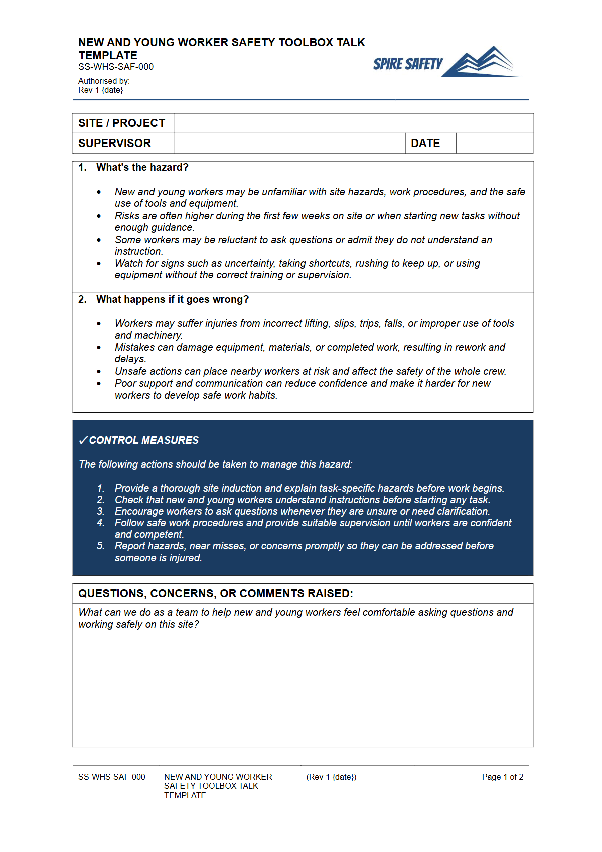 Preview of New and Young Worker Safety Toolbox Talk Template