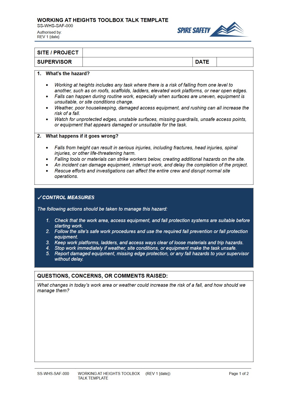 Preview of Working at Heights Toolbox Talk Template