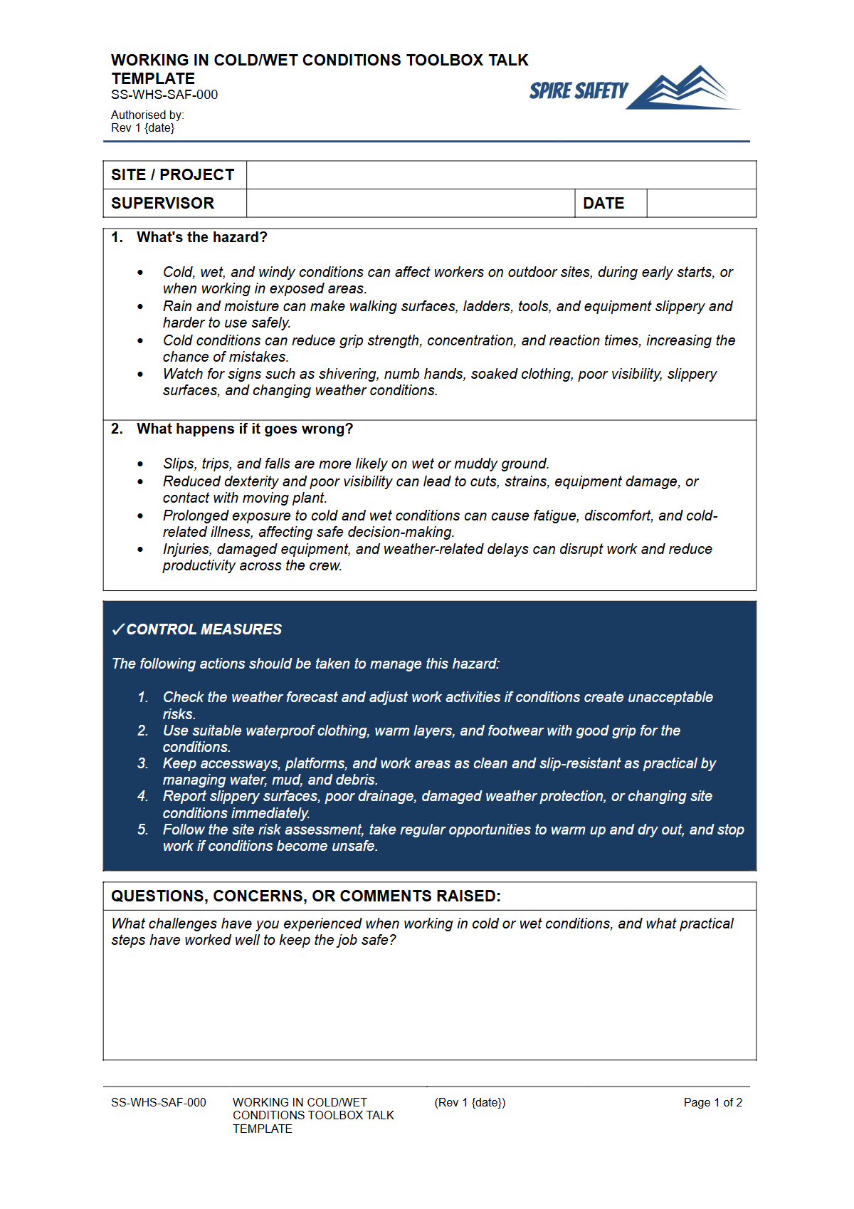 Preview of Working in Cold Wet Conditions Toolbox Talk Template