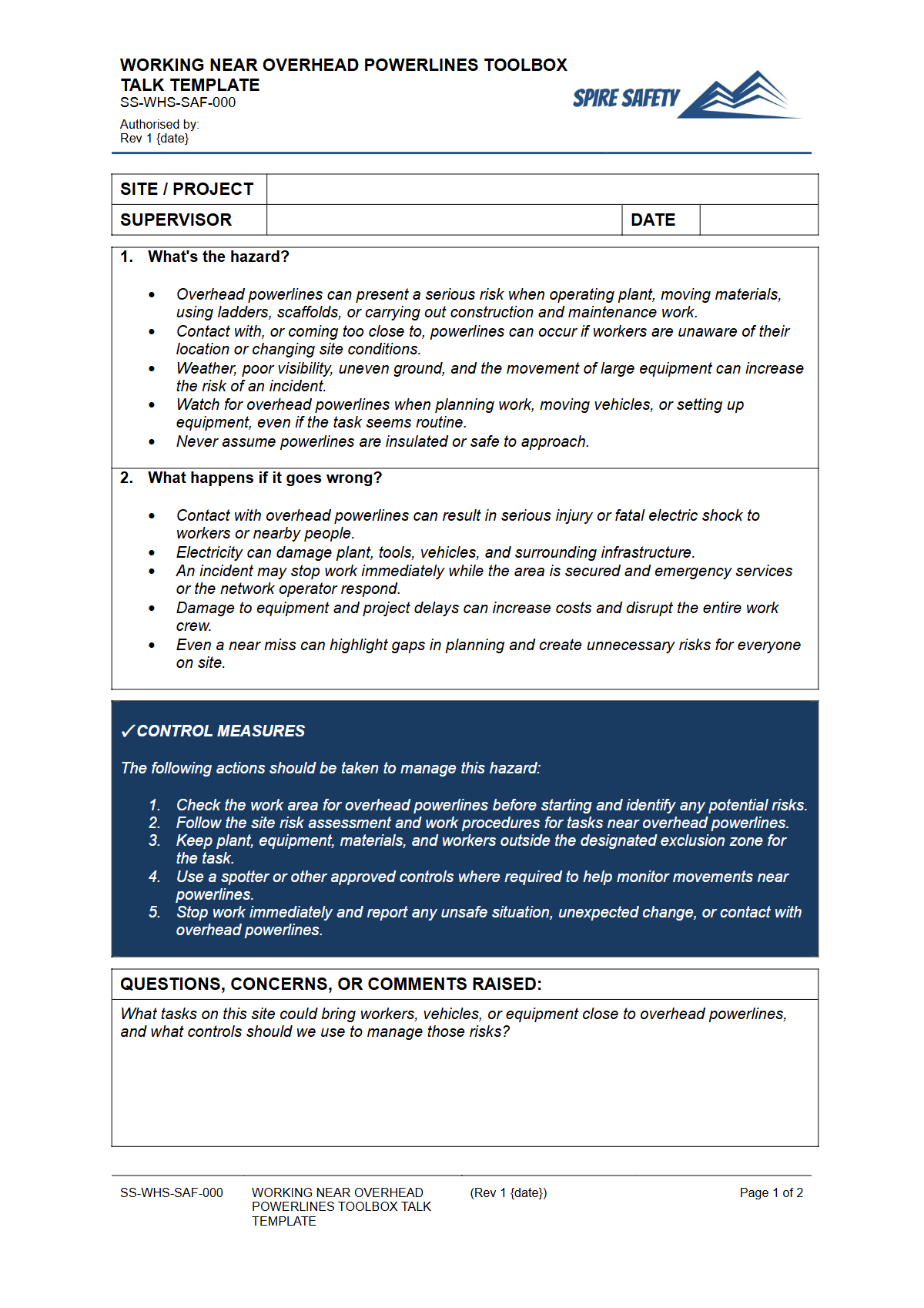 Preview of Working Near Overhead Powerlines Toolbox Talk Template