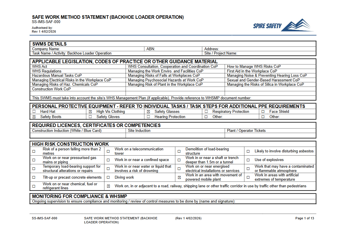 Safe Work Method Statement (Backhoe Loader Operation) Template — document preview