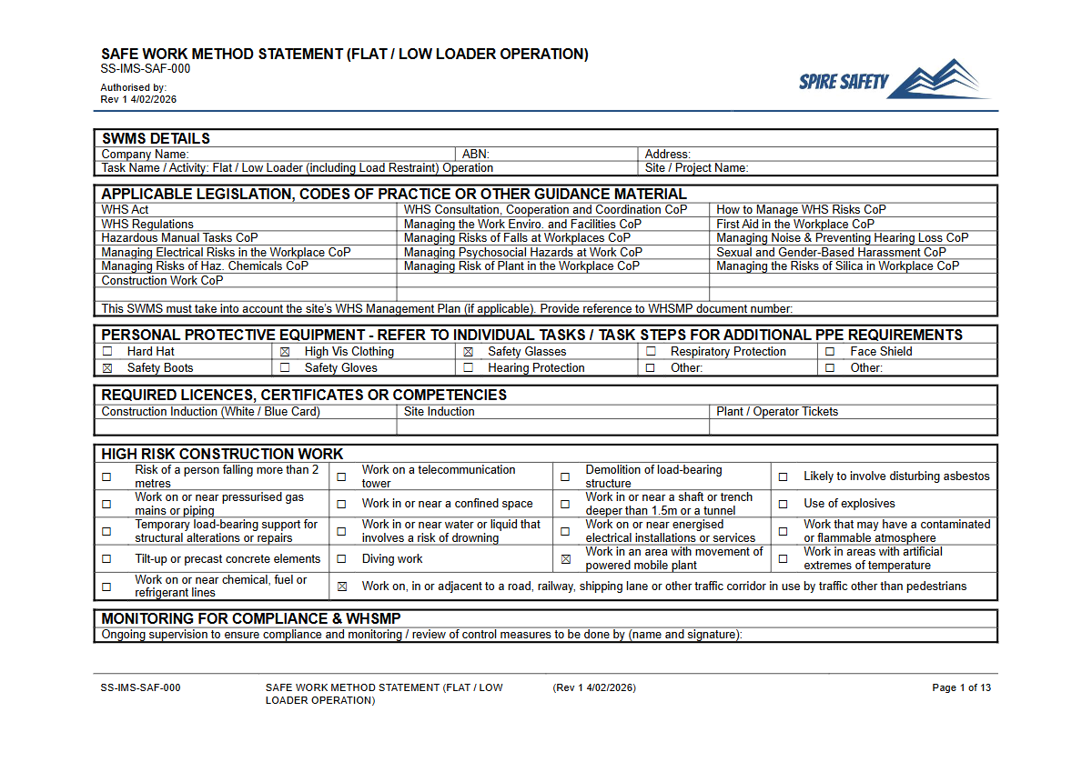 Safe Work Method Statement (Float or Low Loader Operation) Template — document preview