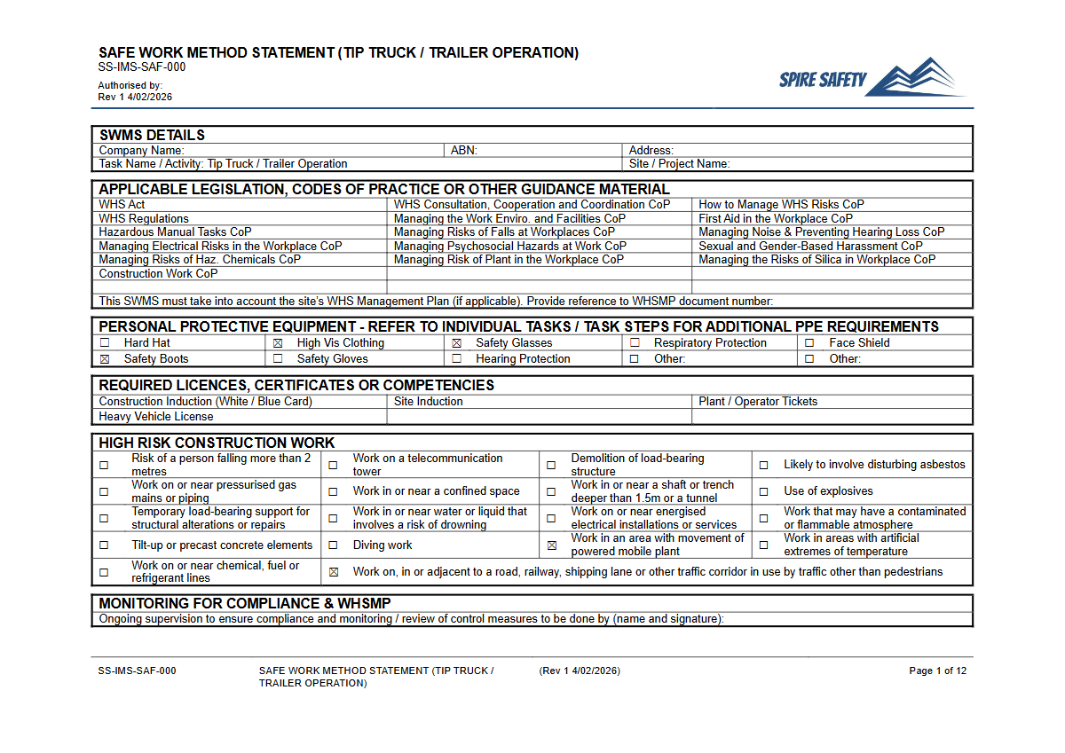 Safe Work Method Statement (Tip Truck or Trailer Operation) Template — document preview