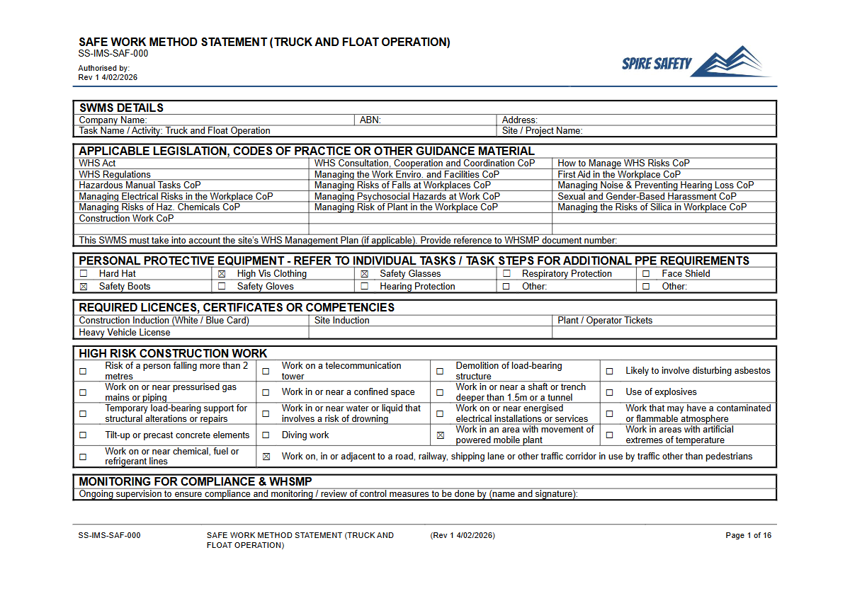 Safe Work Method Statement (Truck and Float Operation) Template — document preview