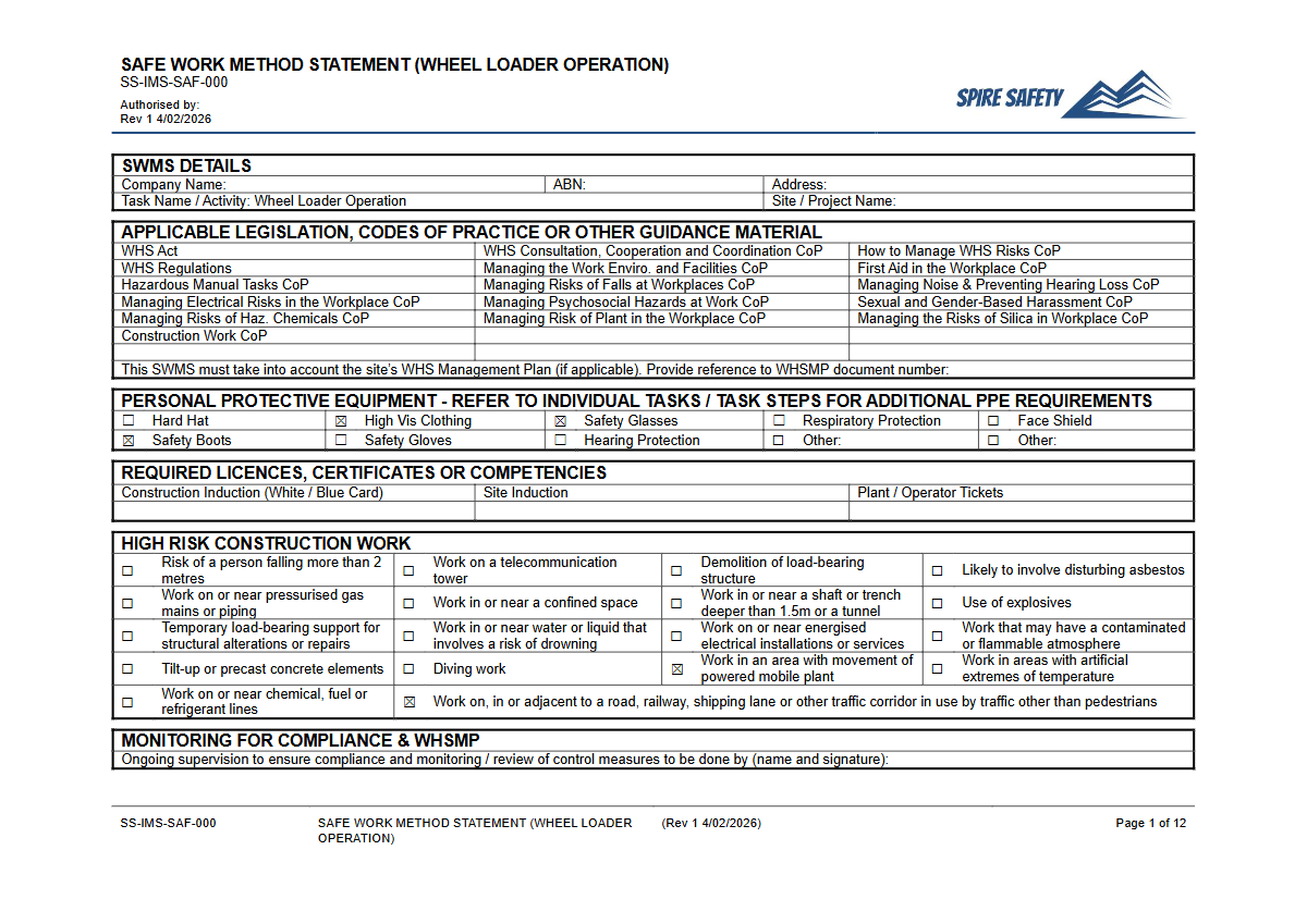 Safe Work Method Statement (Wheel Loader Operation) Template — document preview