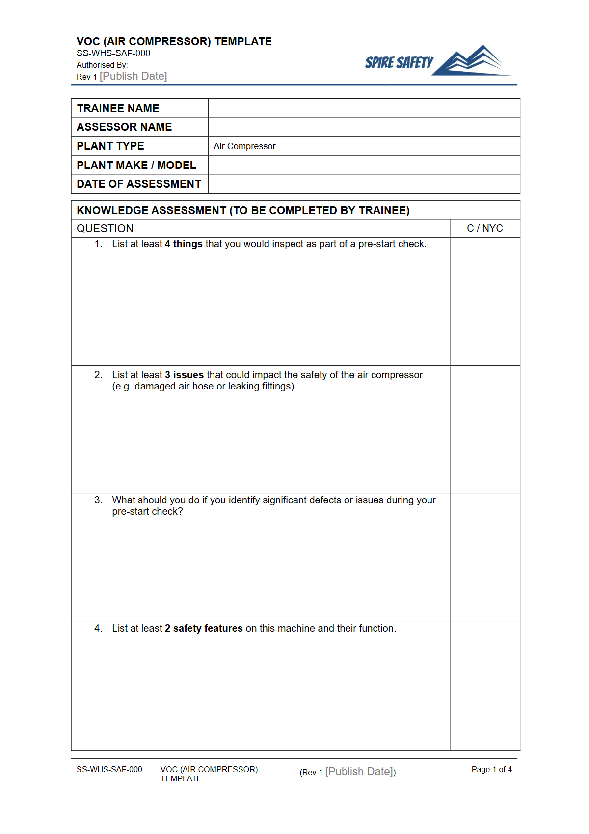 Verification of Competency (Air Compressor) Template — document preview