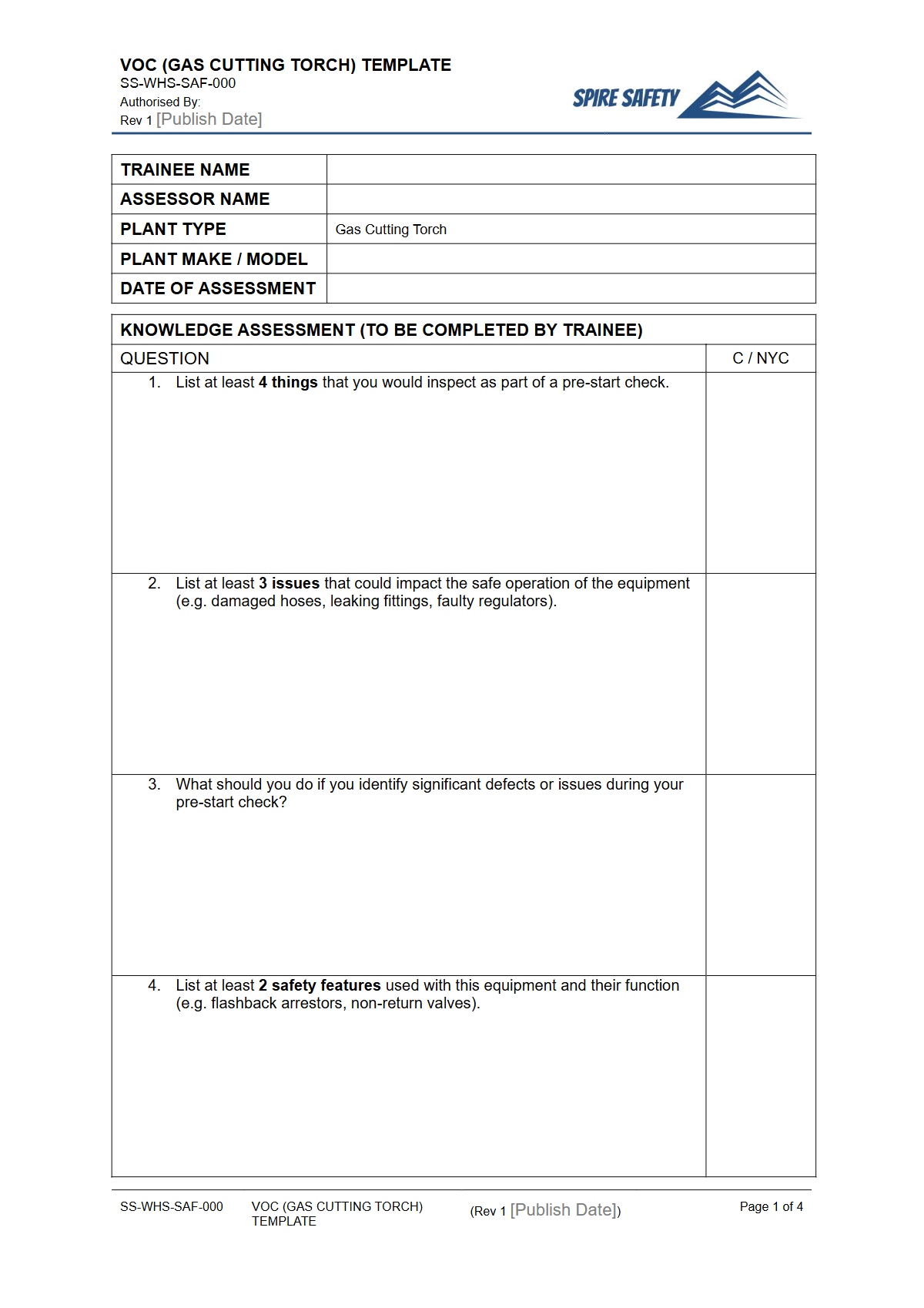 Verification of Competency (Gas Cutting Torch) Template — document preview