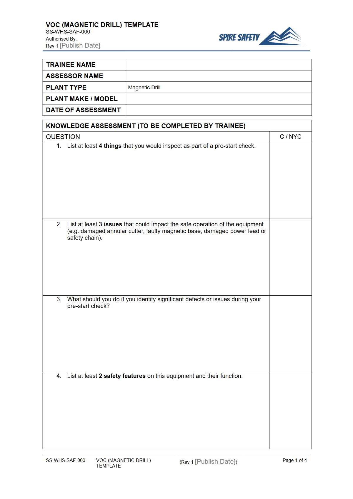 Verification of Competency (Magnetic Drill) Template — document preview