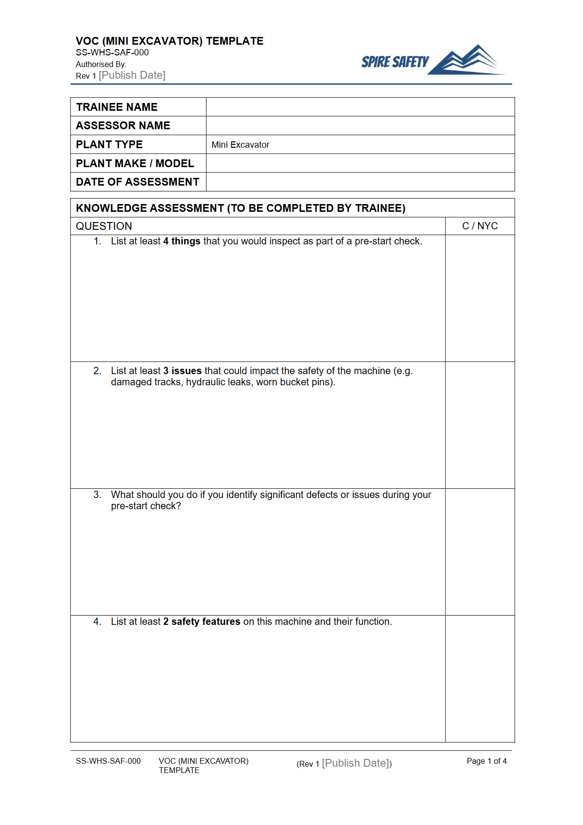 Verification of Competency (Mini Excavator) Template — document preview