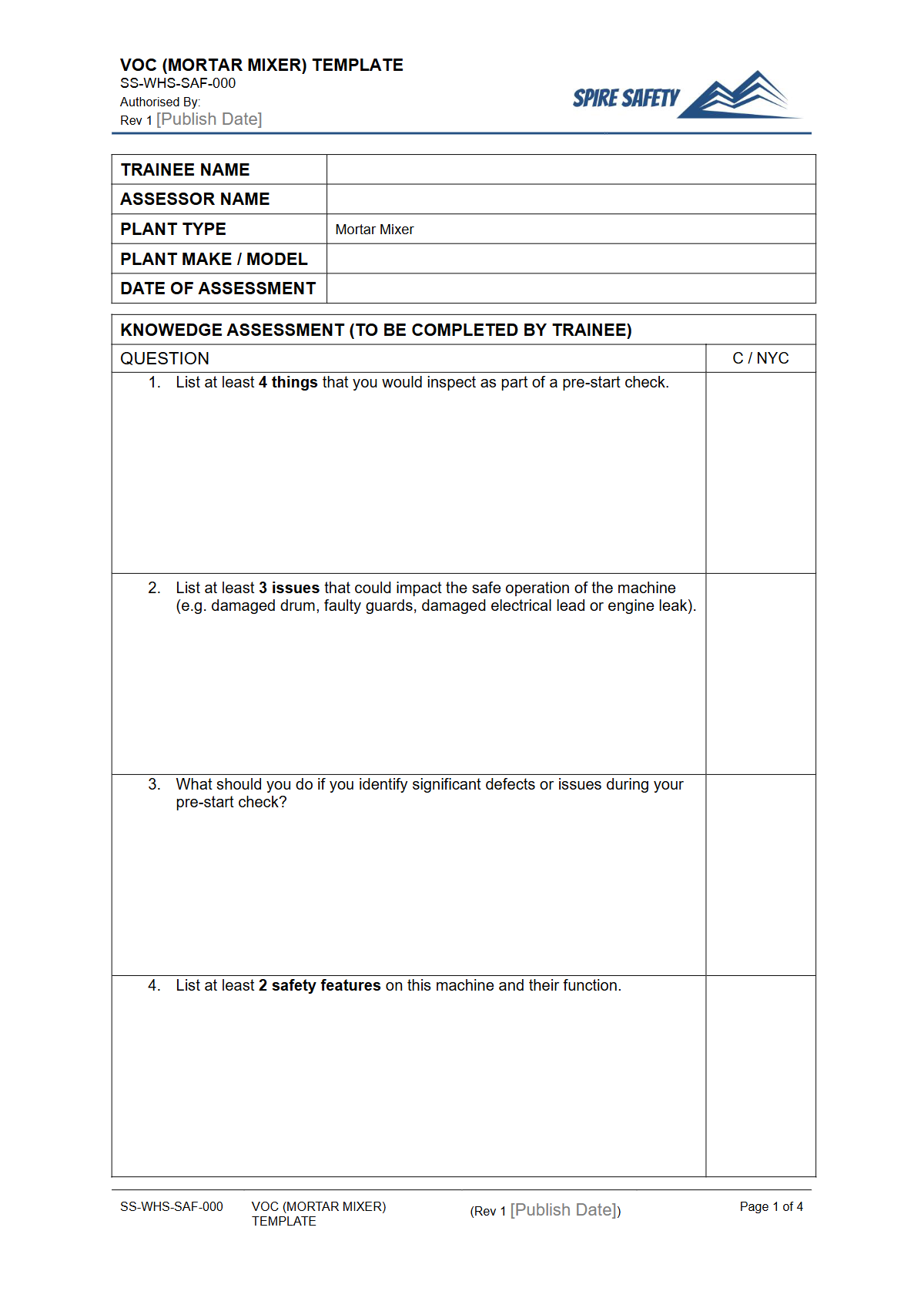 Verification of Competency (Mortar Mixer) Template — document preview