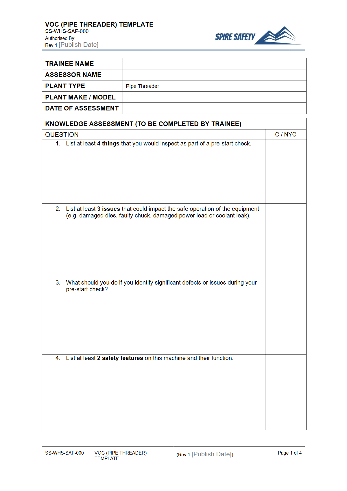 Verification of Competency (Pipe Threader) Template — document preview
