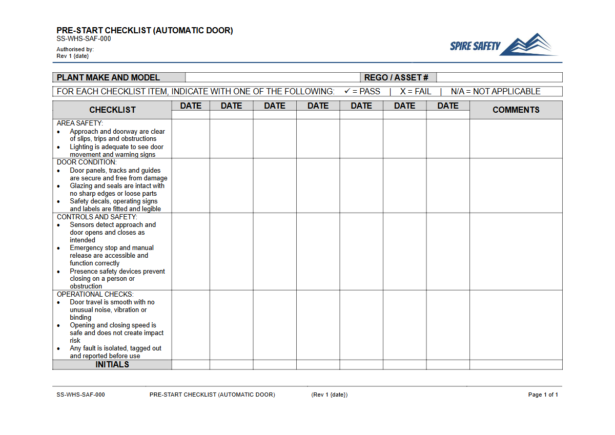 Free Pre-Start Checklist (Automatic Door) Template — document preview