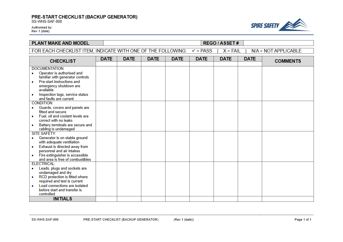 Free Pre-Start Checklist (Backup Generator) Template — document preview