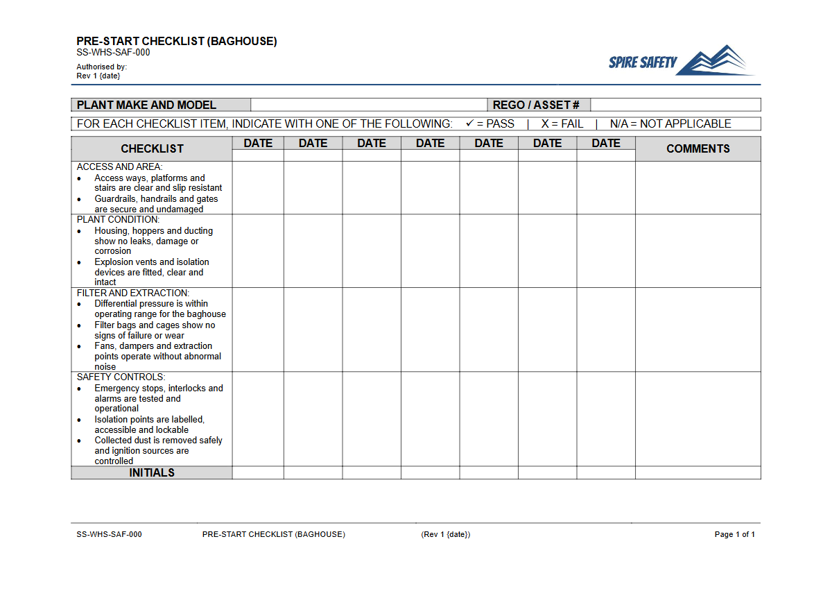 Free Pre-Start Checklist (Baghouse) Template — document preview