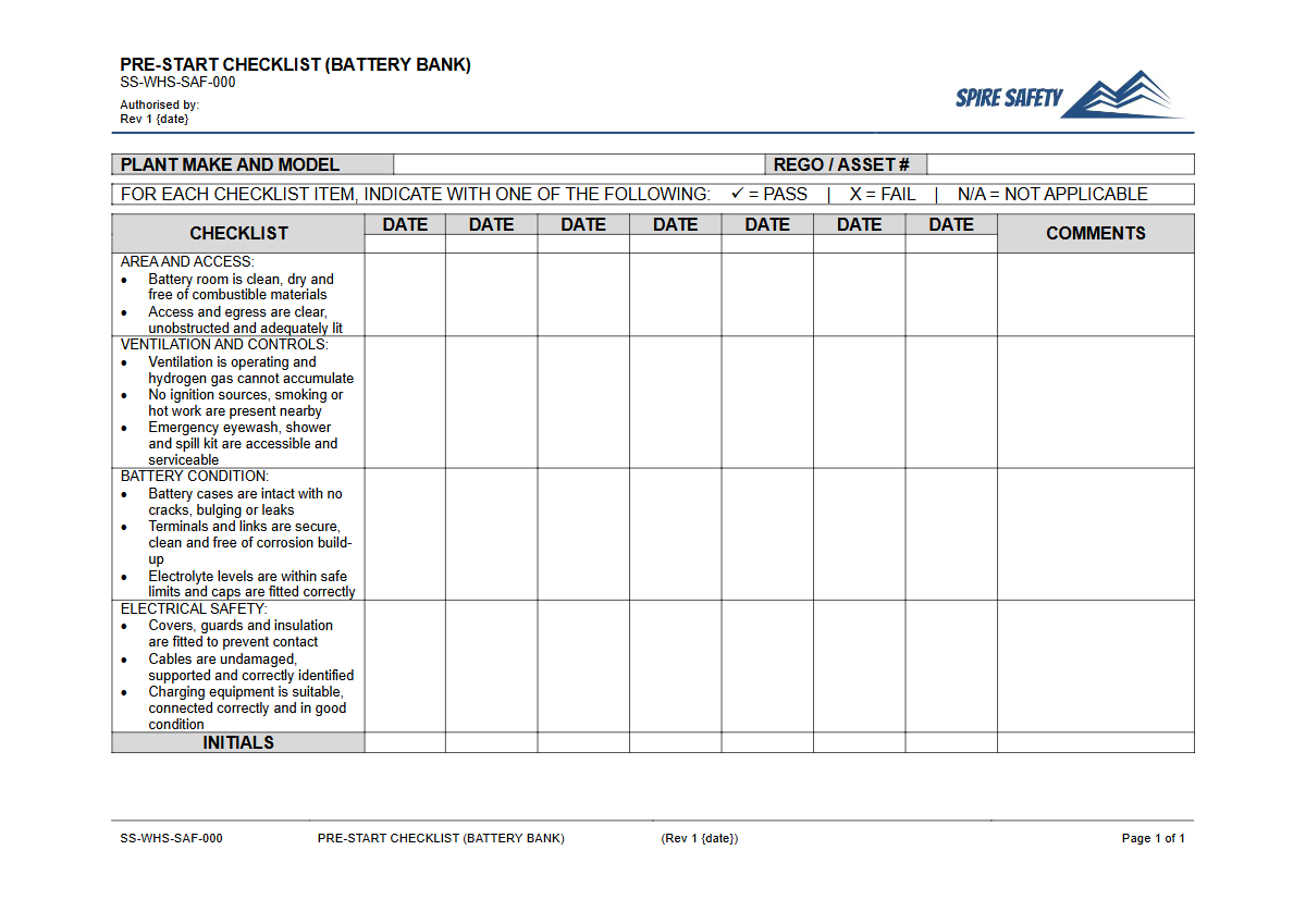 Free Pre-Start Checklist (Battery Bank) Template — document preview
