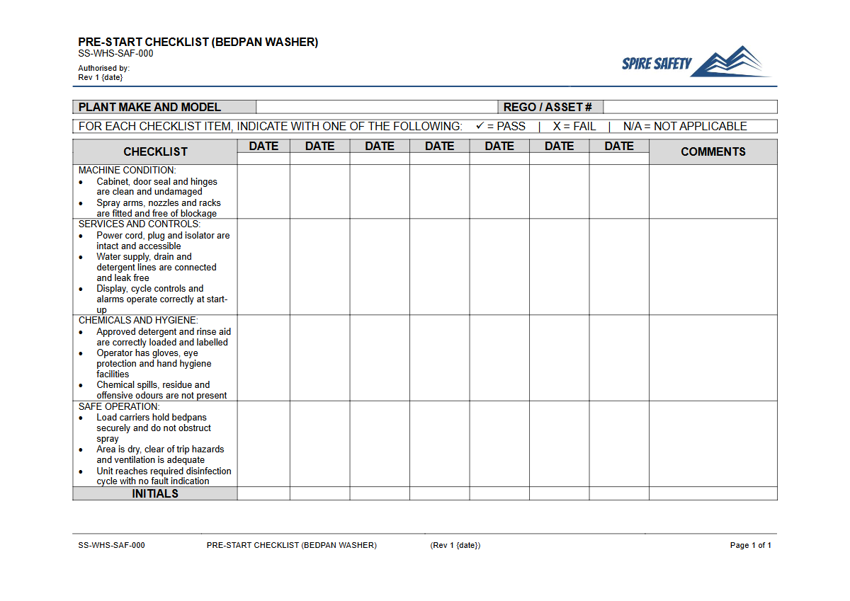 Free Pre-Start Checklist (Bedpan Washer) Template — document preview