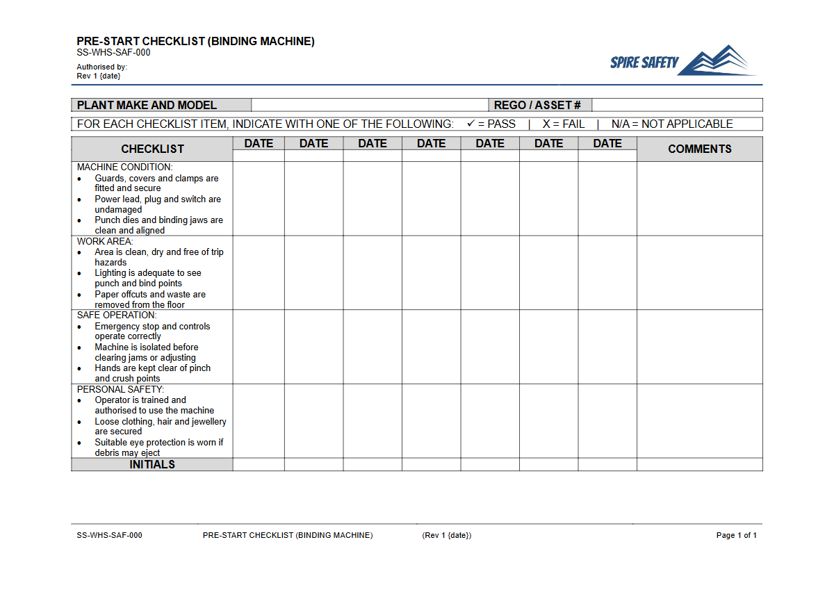 Free Pre-Start Checklist (Binding Machine) Template — document preview