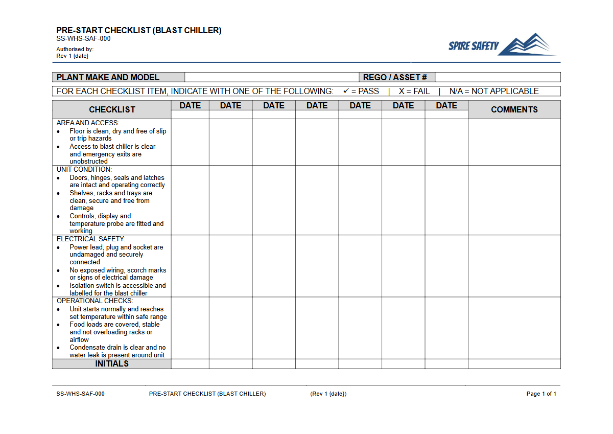 Free Pre-Start Checklist (Blast Chiller) Template — document preview