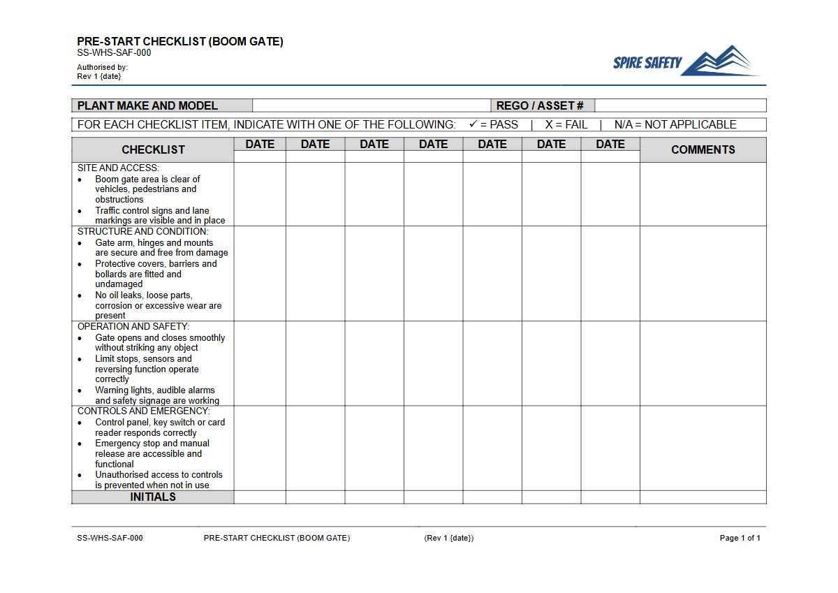 Free Pre-Start Checklist (Boom Gate) Template — document preview