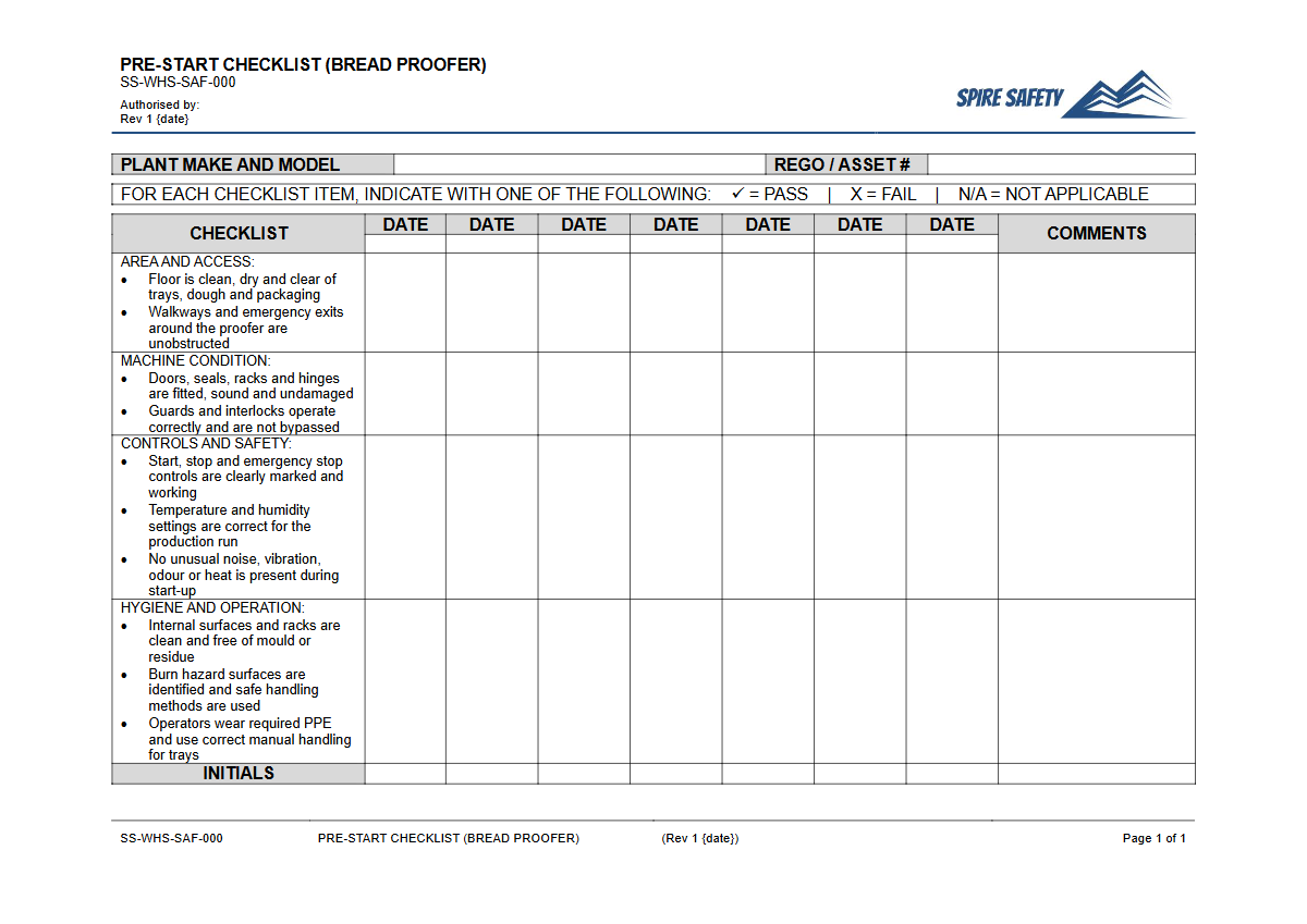 Free Pre-Start Checklist (Bread Proofer) Template — document preview