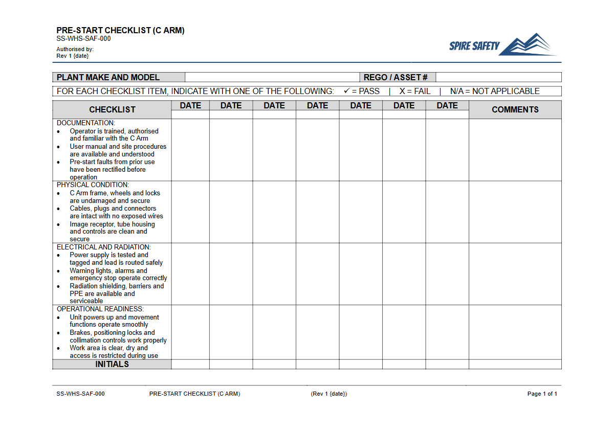 Free Pre-Start Checklist (C Arm) Template — document preview