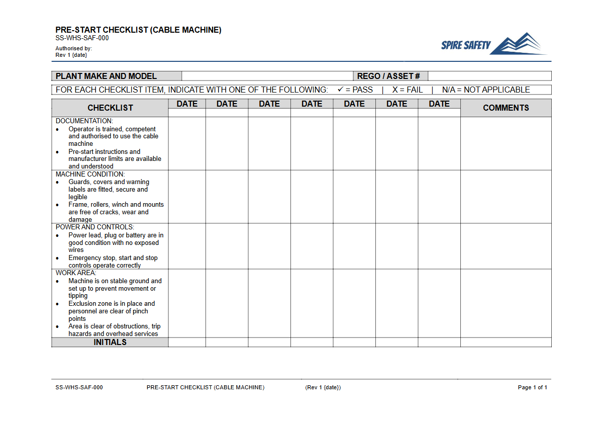 Free Pre-Start Checklist (Cable Machine) Template — document preview